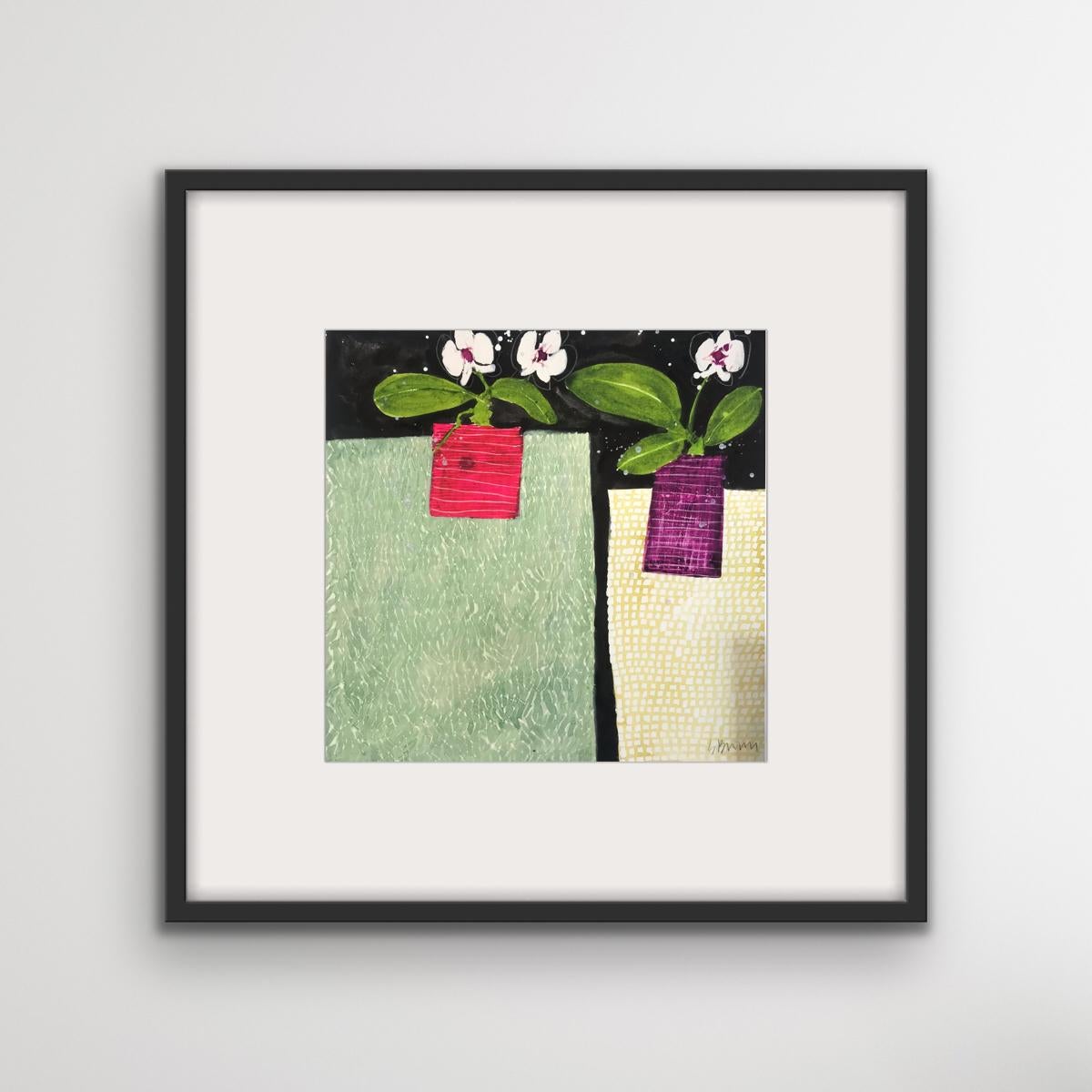 Harmony is a limited edition giclée print by artist Susan Brown, featuring a composition of two vases in an abstracted still life. Each vase contains a cluster of orchid flowers in a cubist style. 

Discover limited edition giclée prints online with