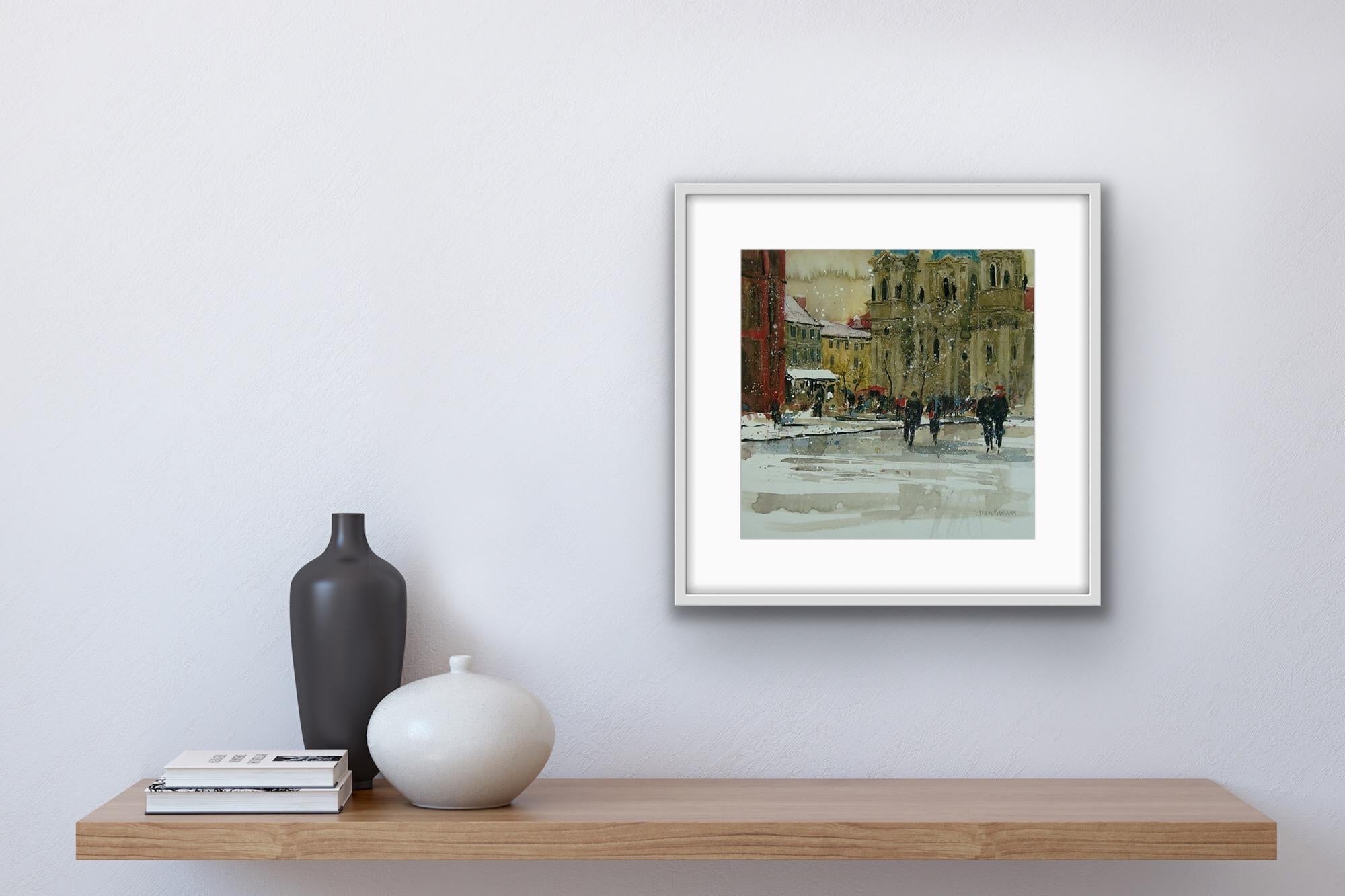 Prague in February, Semi Abstract Landscape Painting, Winter Scene Artwork - Print by Susan Brown