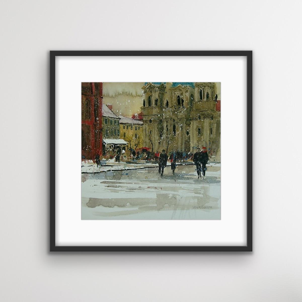 Prague in February, Semi Abstract Landscape Painting, Winter Scene Artwork - Contemporary Print by Susan Brown