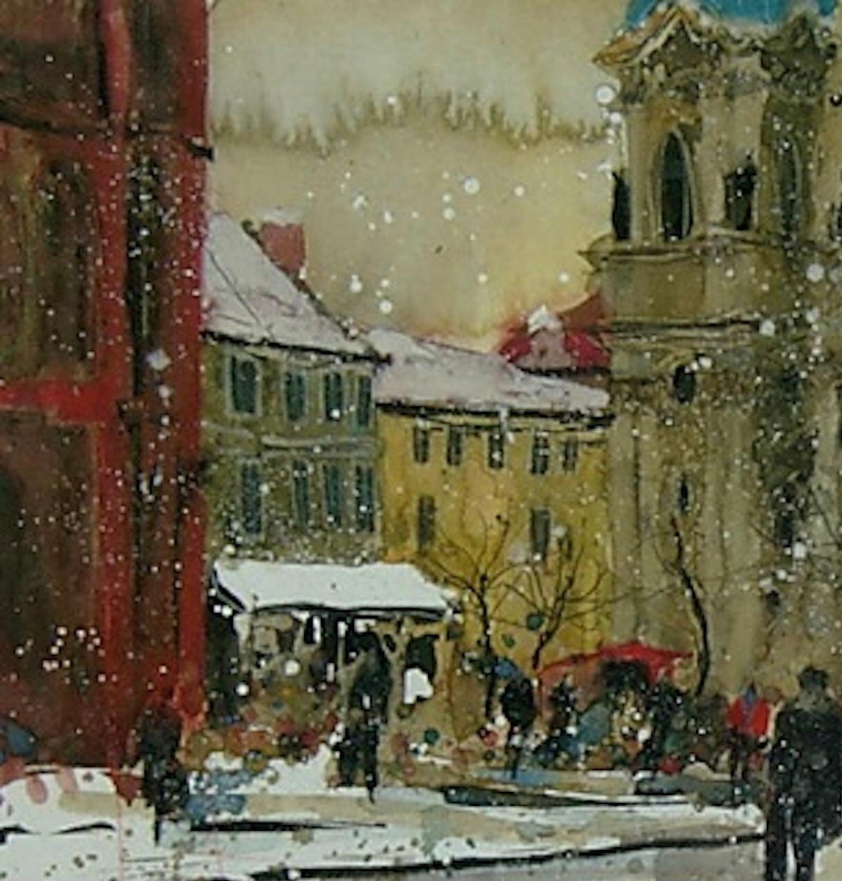 Prague in February, Semi Abstract Landscape Painting, Winter Scene Artwork - Gray Landscape Print by Susan Brown