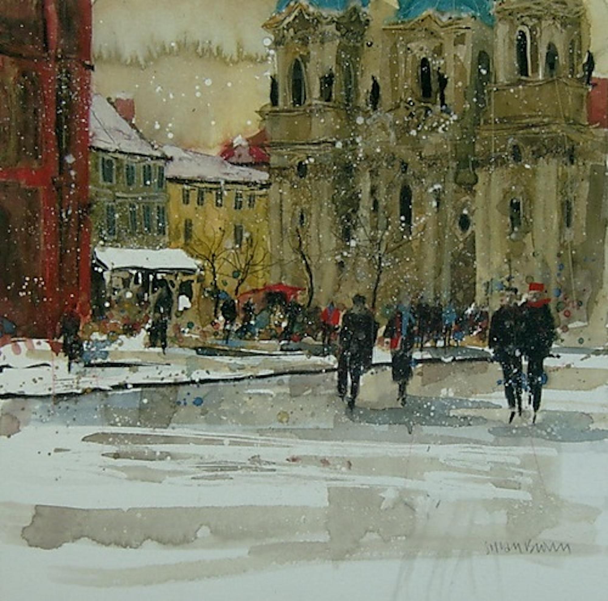 Prague en février, peinture de paysage semi-abstrait, œuvre d'art de scène d'hiver