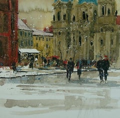 Prague in February, Semi Abstract Landscape Painting, Winter Scene Artwork