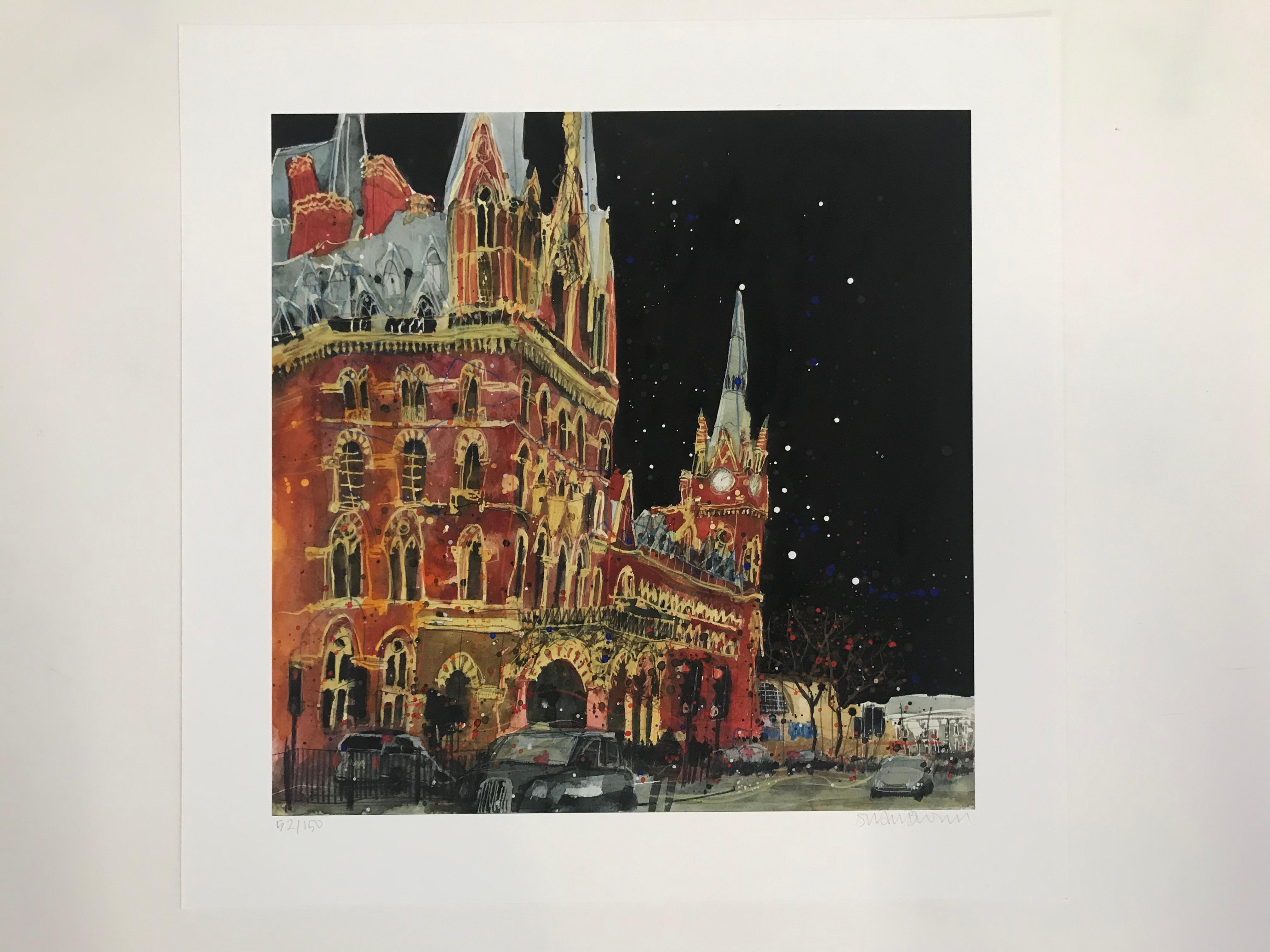 St. Pancras, London, Gotik-Revival, Landschaft, Stadtlandschaft, London, Autos – Print von Susan Brown
