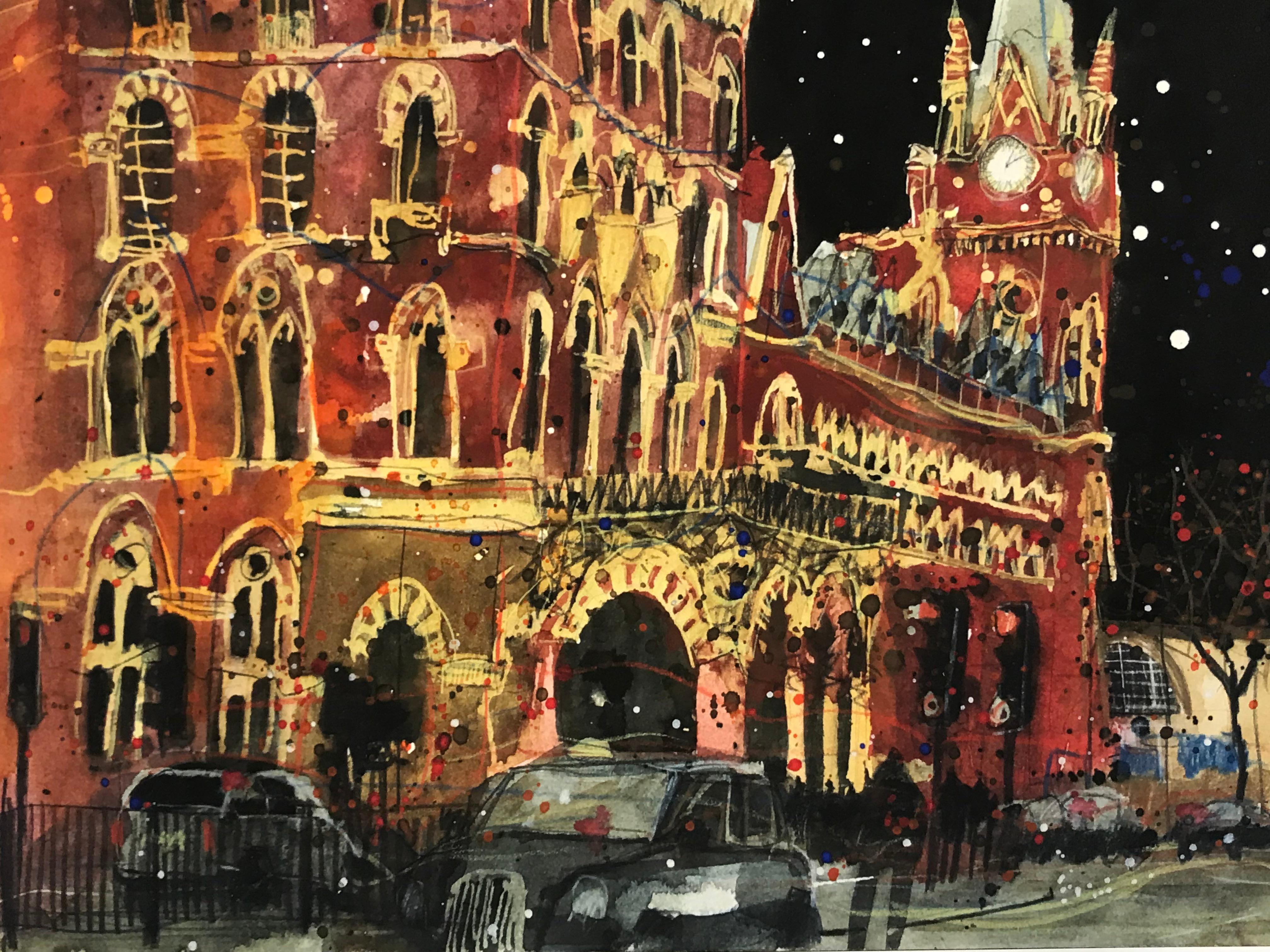 St Pancras, London, Gothic revival, landscape, cityscape, London, cars - Abstract Print by Susan Brown