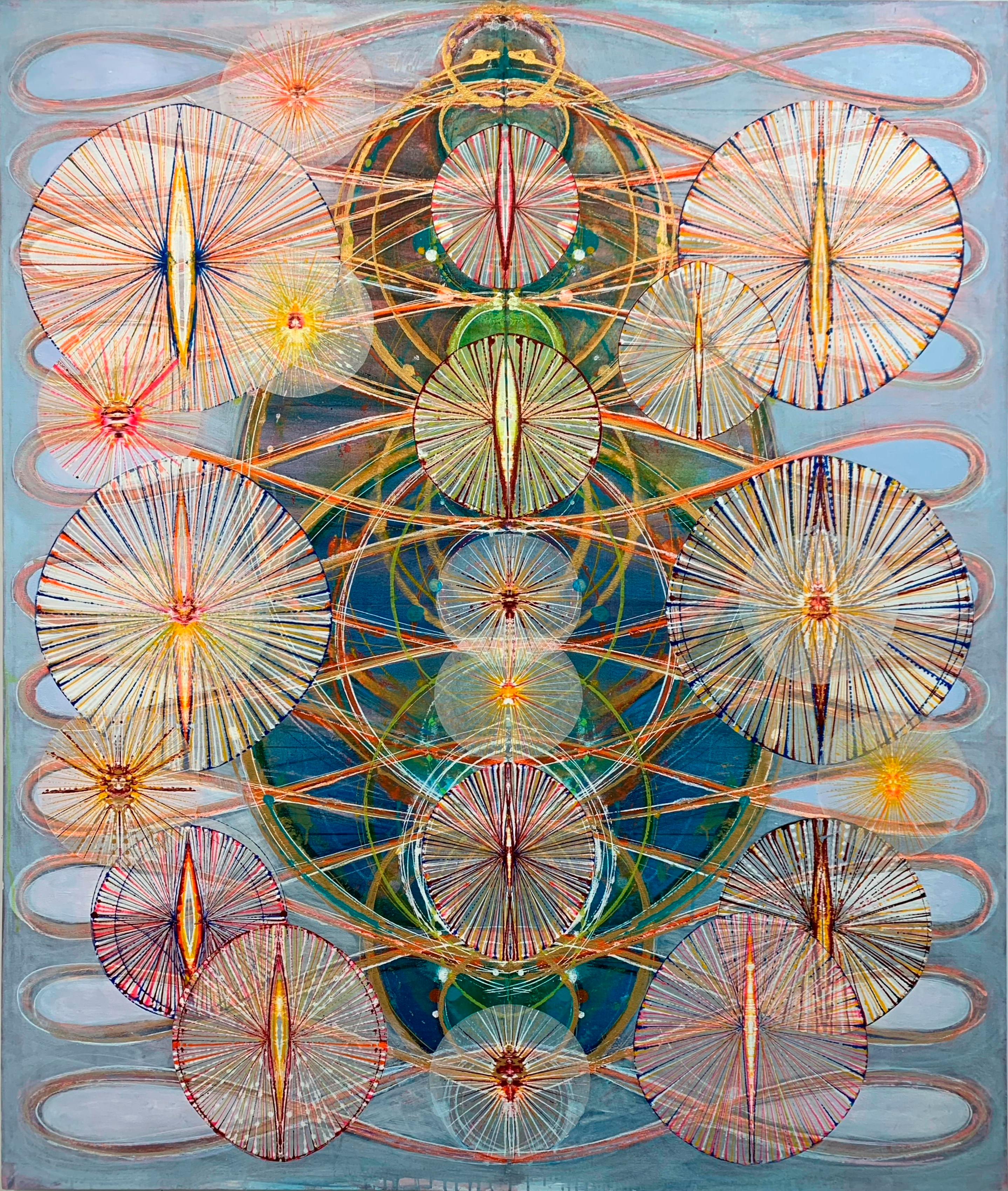 Susan Chrysler White Abstract Painting - Circumigration, Yellow, Red, Orange Spirograph Circles, Undulations, Light Blue