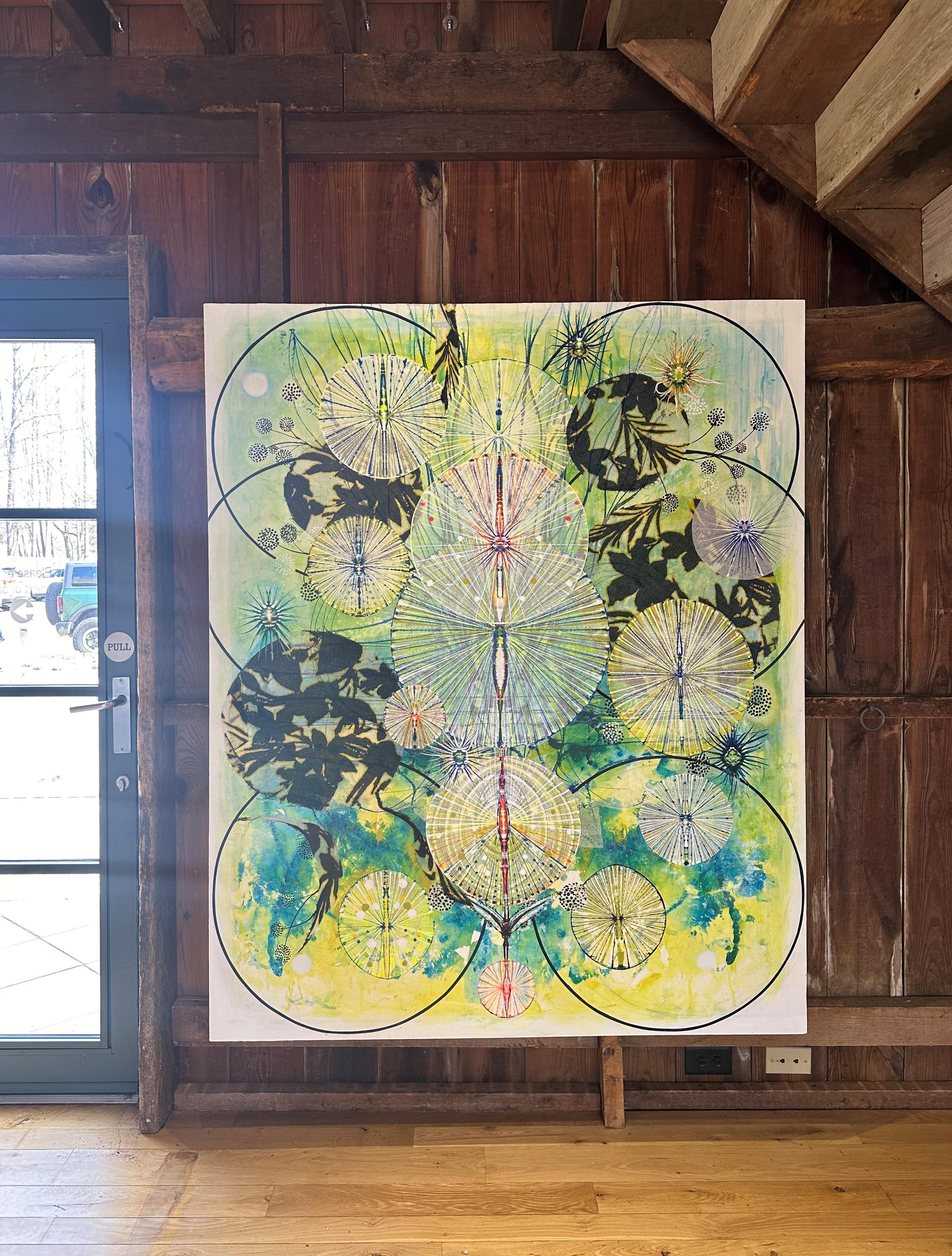 Fertile Bones, Black Circles, Botanical Pattern on Blue, Lemon Yellow, Green - Painting by Susan Chrysler White