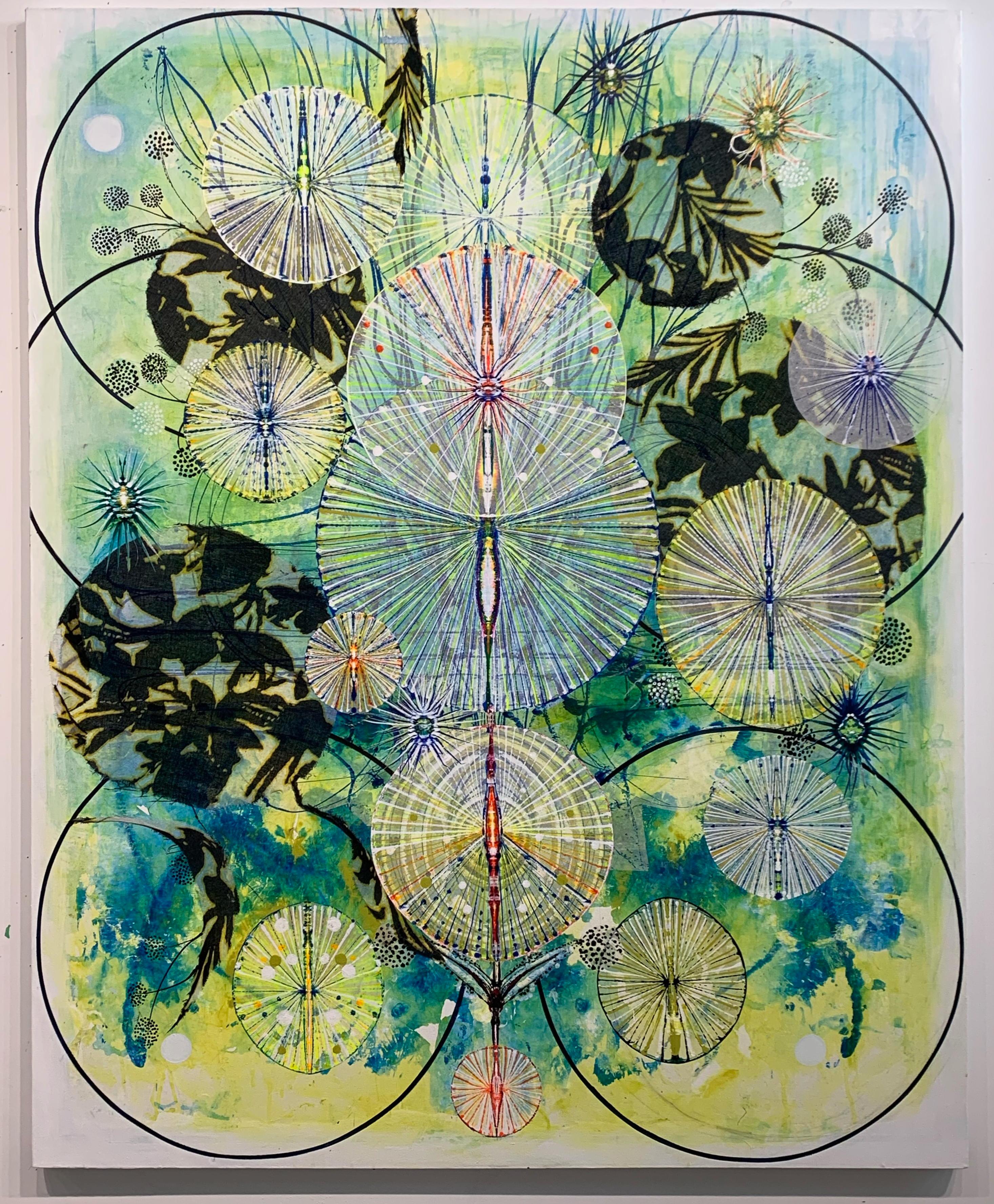 Fertile Bones, Black Circles, Botanical Pattern on Blue, Lemon Yellow, Green - Gray Abstract Painting by Susan Chrysler White