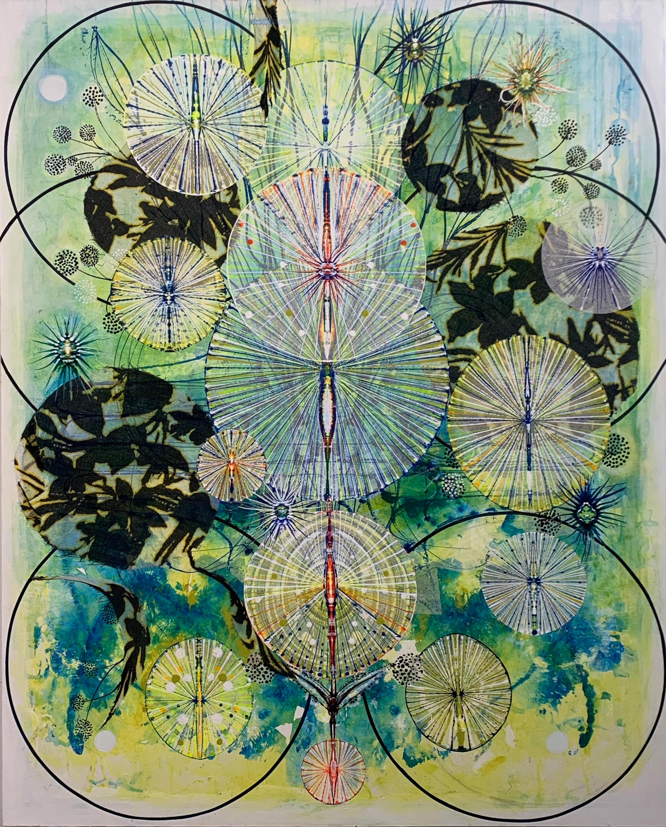 Susan Chrysler White Abstract Painting - Fertile Bones, Black Circles, Botanical Pattern on Blue, Lemon Yellow, Green