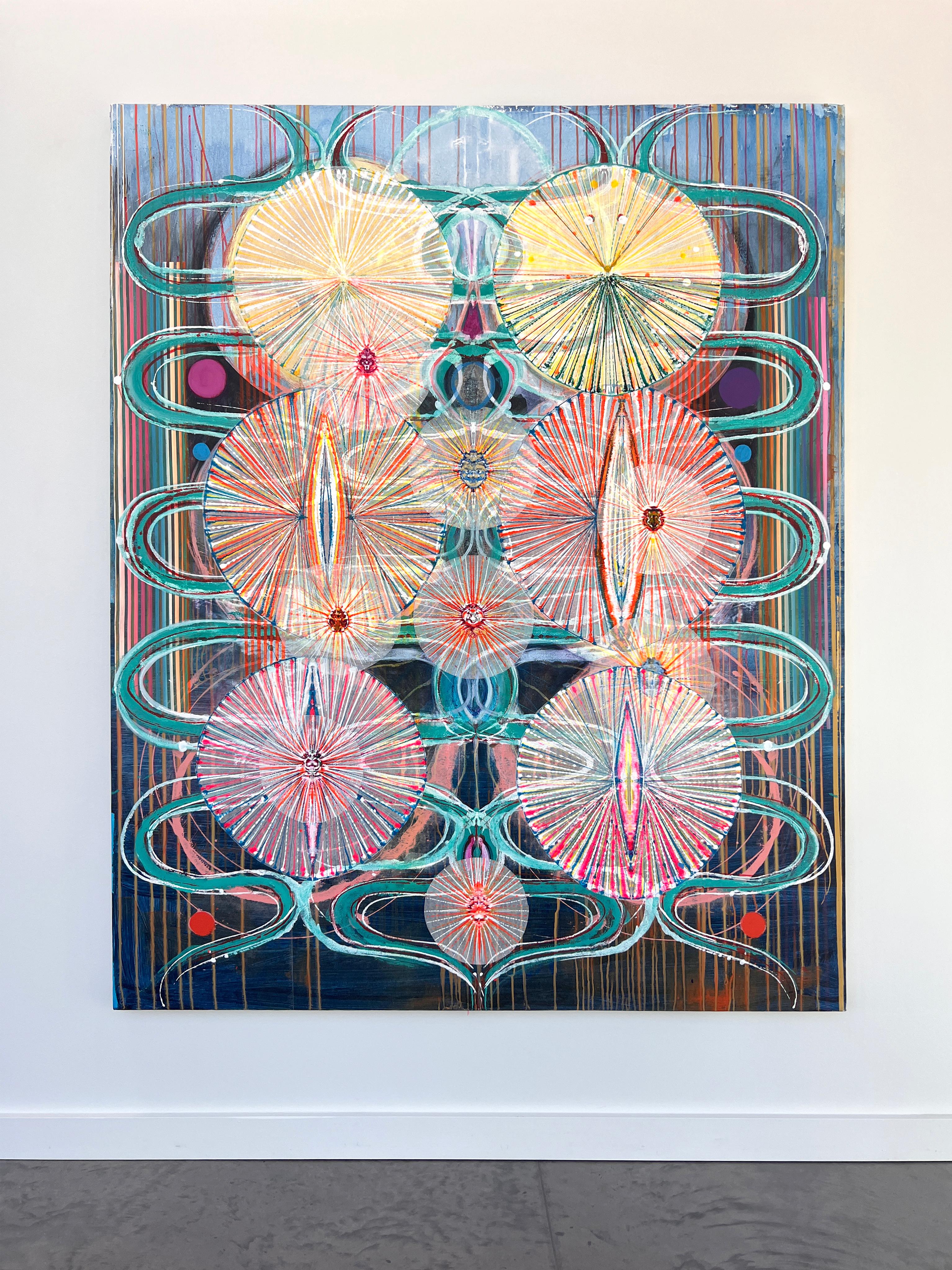 Rapt, Circles, Undulating Lines, Sky Blue, Red, Teal, Yellow, Purple - Painting by Susan Chrysler White