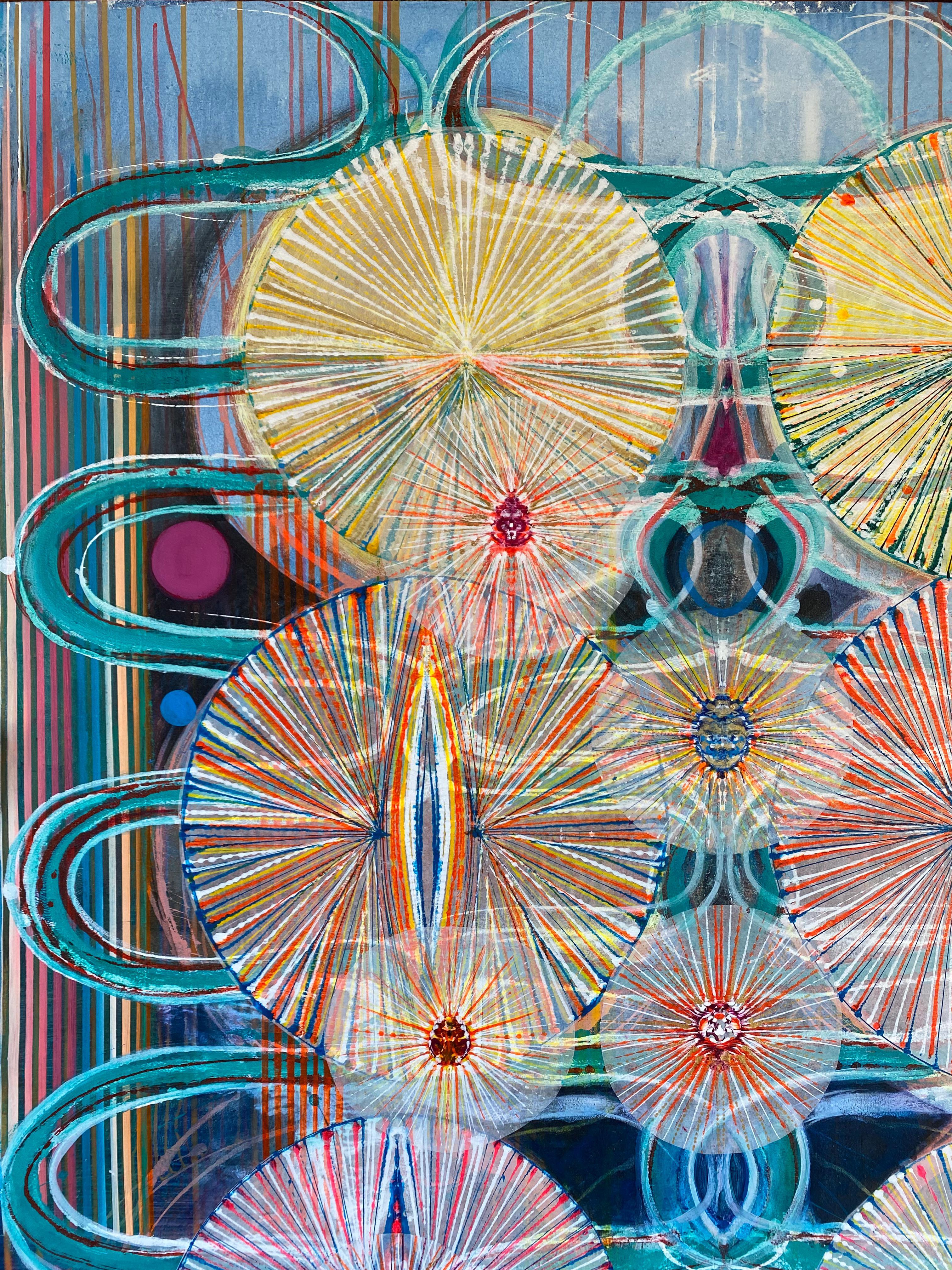 Rapt, Circles, Undulating Lines, Sky Blue, Red, Teal, Yellow, Purple - Gray Abstract Painting by Susan Chrysler White