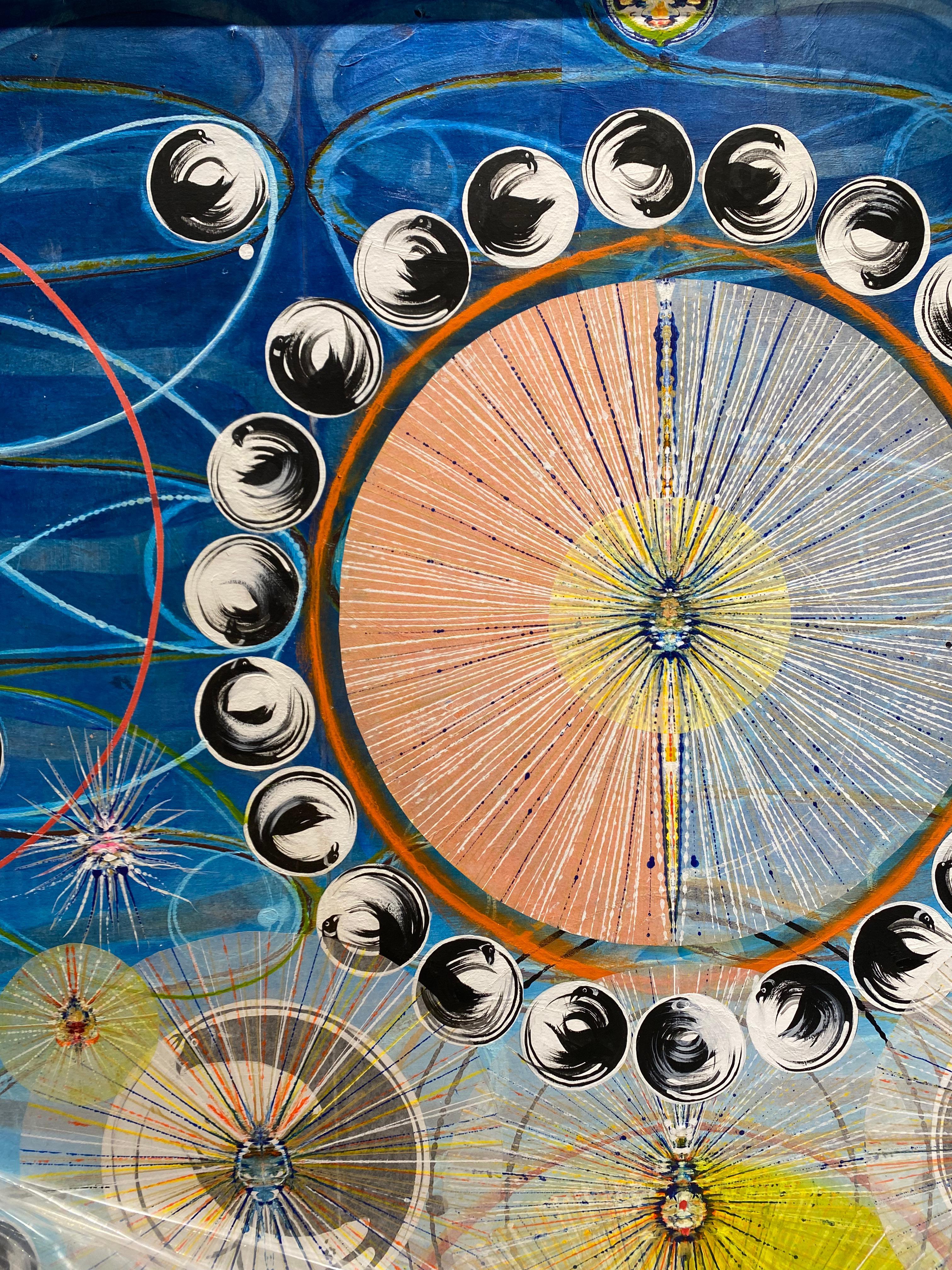 Raven's Wheel, Black and White Circles, Swirling Lines Navy Blue, Pink, Yellow - Painting by Susan Chrysler White
