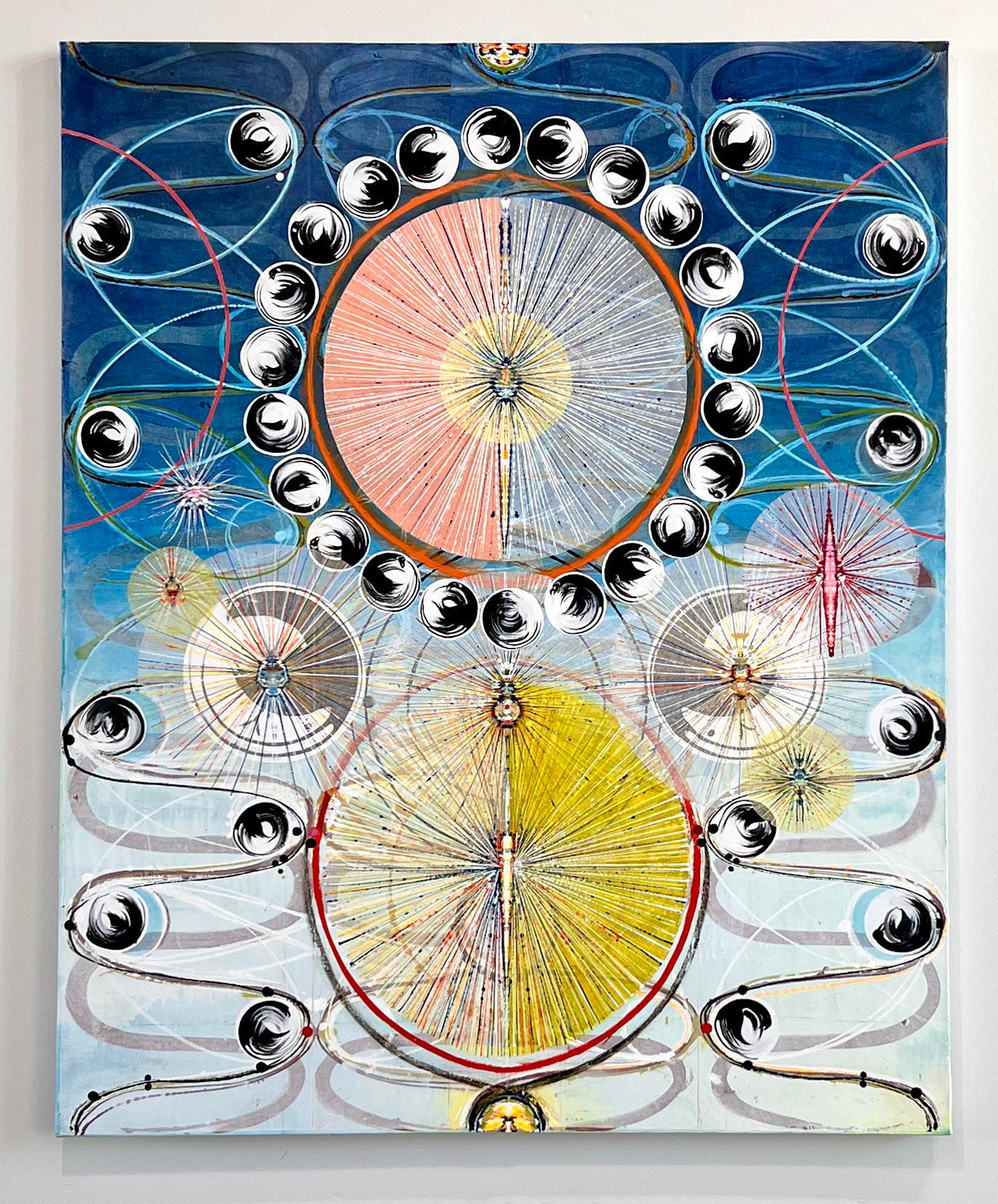 Susan Chrysler White Abstract Painting - Raven's Wheel, Black and White Circles, Swirling Lines Navy Blue, Pink, Yellow