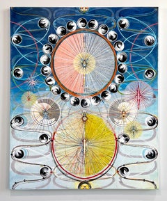 Raven's Wheel, Black and White Circles, Swirling Lines Navy Blue, Pink, Yellow