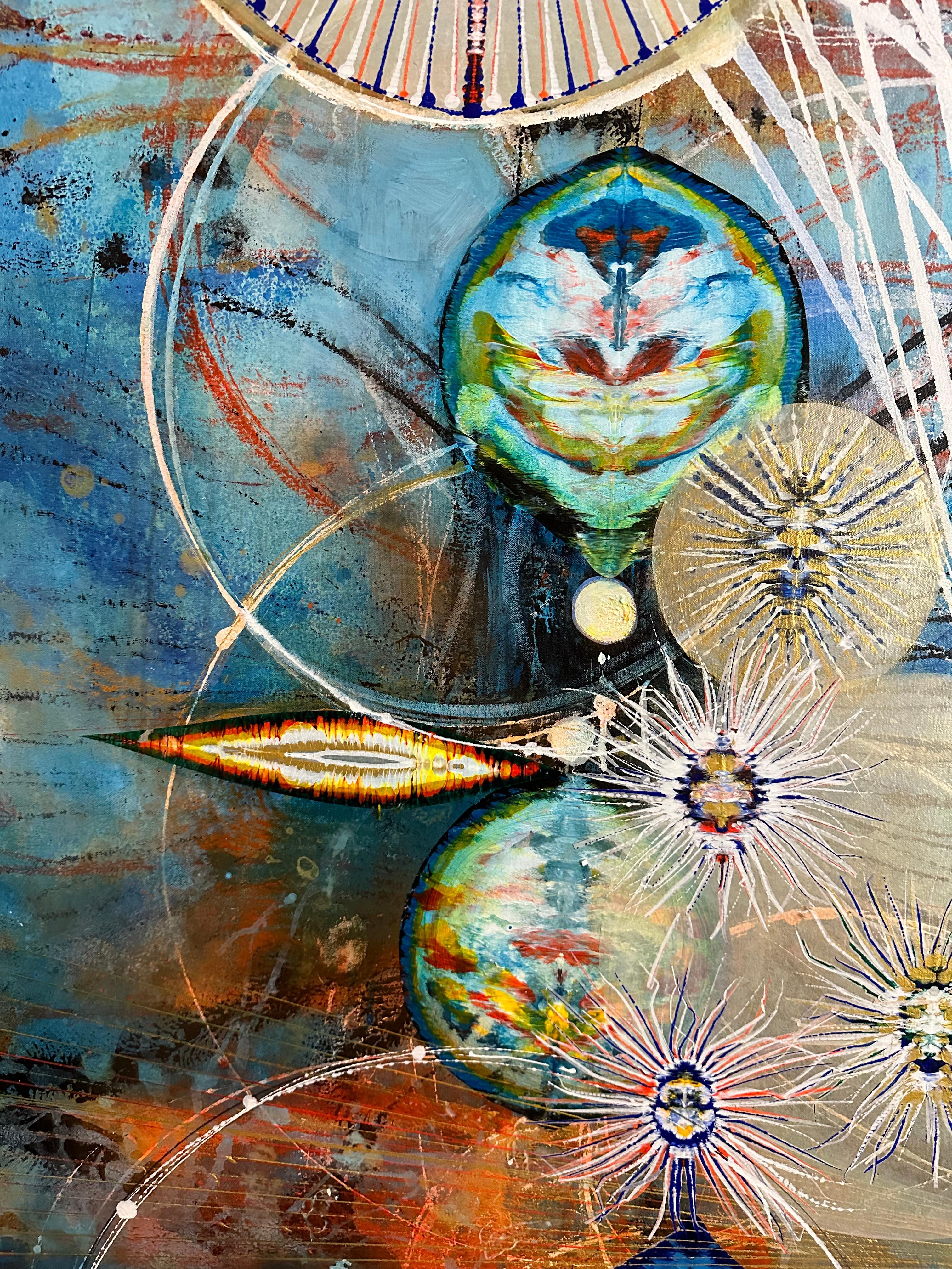 Watching - Abstract Acrylic Painting, Circles, Lines, Patterns on Blue, 2021 For Sale 8