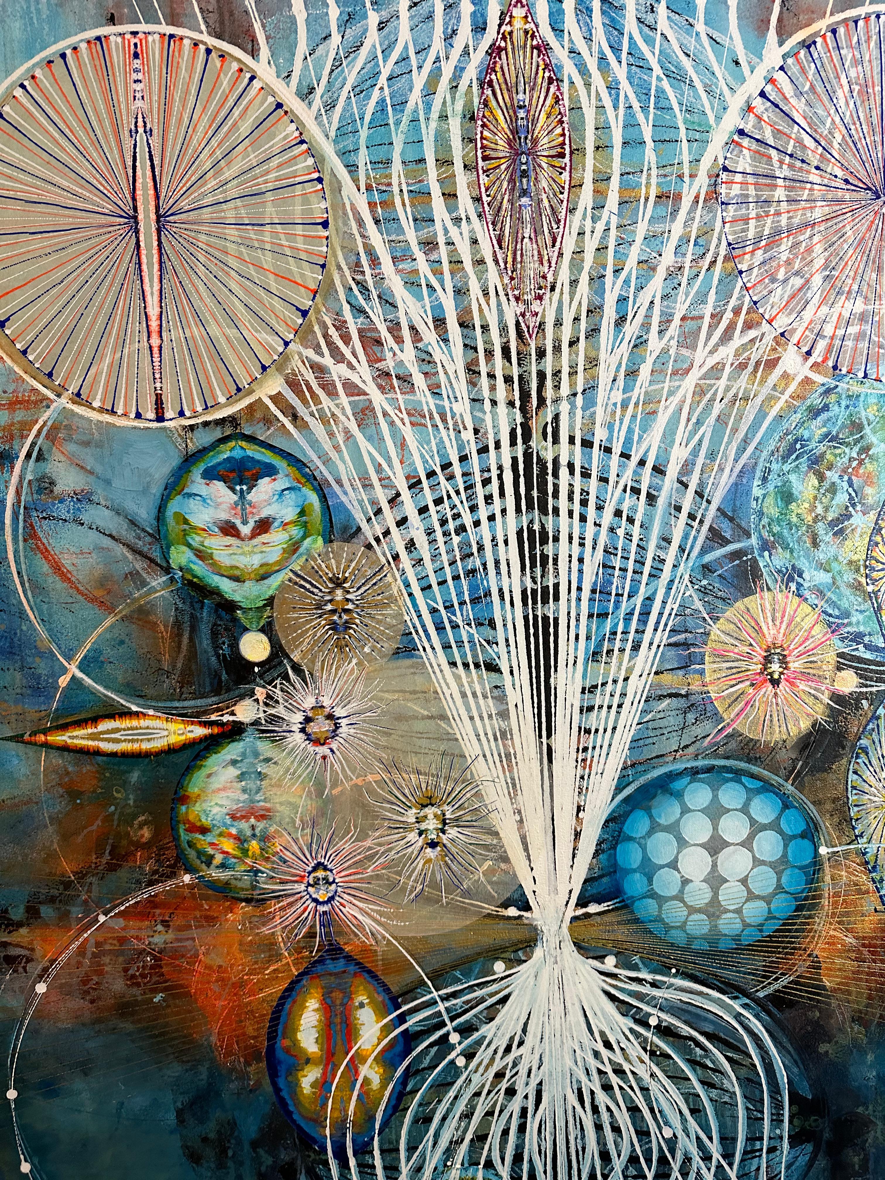 Watching - Abstract Acrylic Painting, Circles, Lines, Patterns on Blue, 2021 For Sale 9