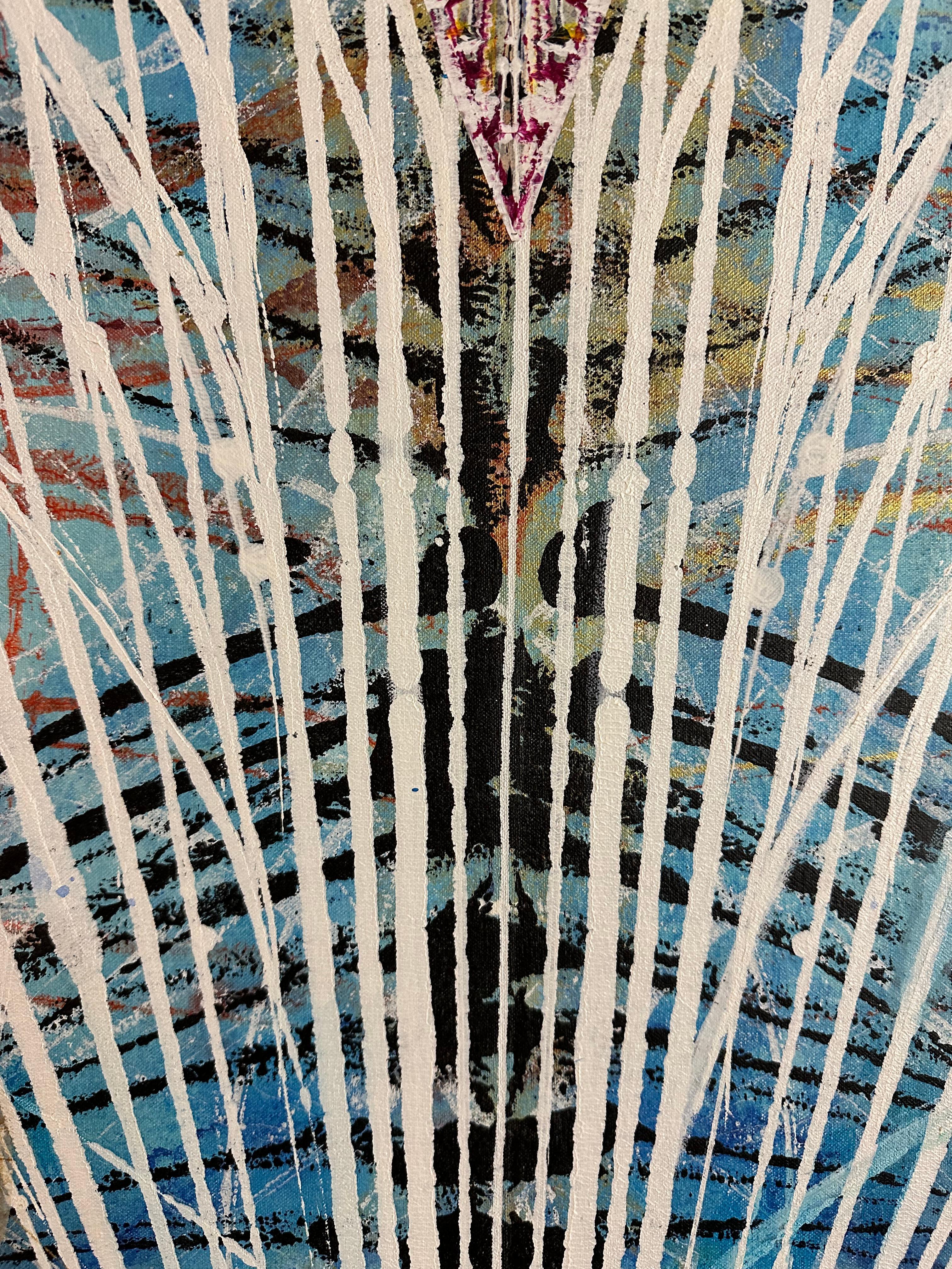 Watching - Abstract Acrylic Painting, Circles, Lines, Patterns on Blue, 2021 For Sale 10