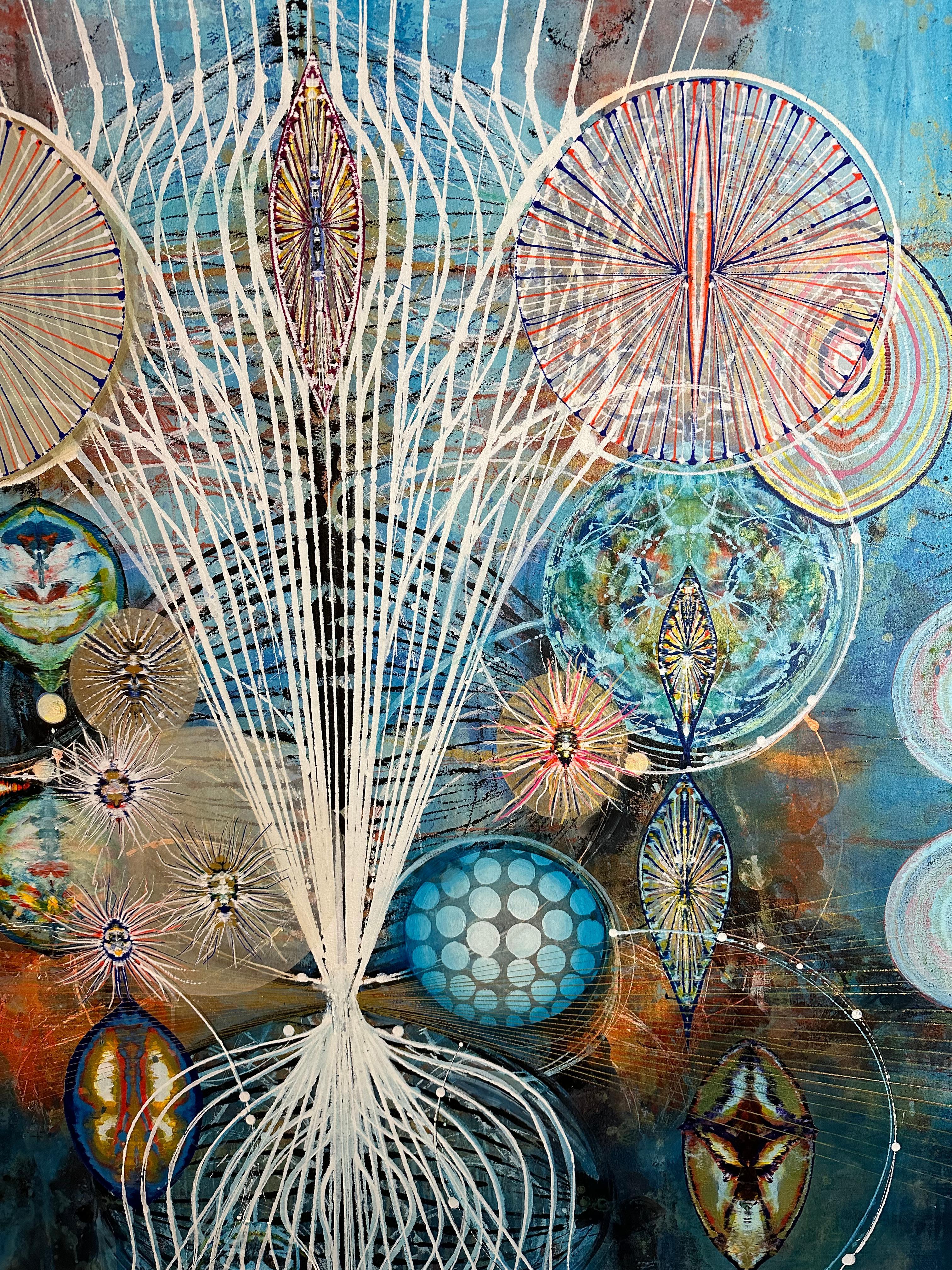 Watching - Abstract Acrylic Painting, Circles, Lines, Patterns on Blue, 2021 For Sale 11