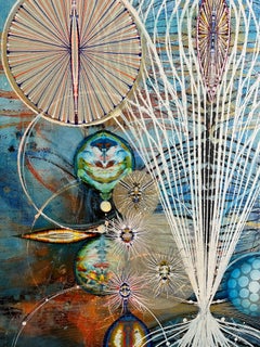 Watching - Abstract Acrylic Painting, Circles, Lines, Patterns on Blue, 2021