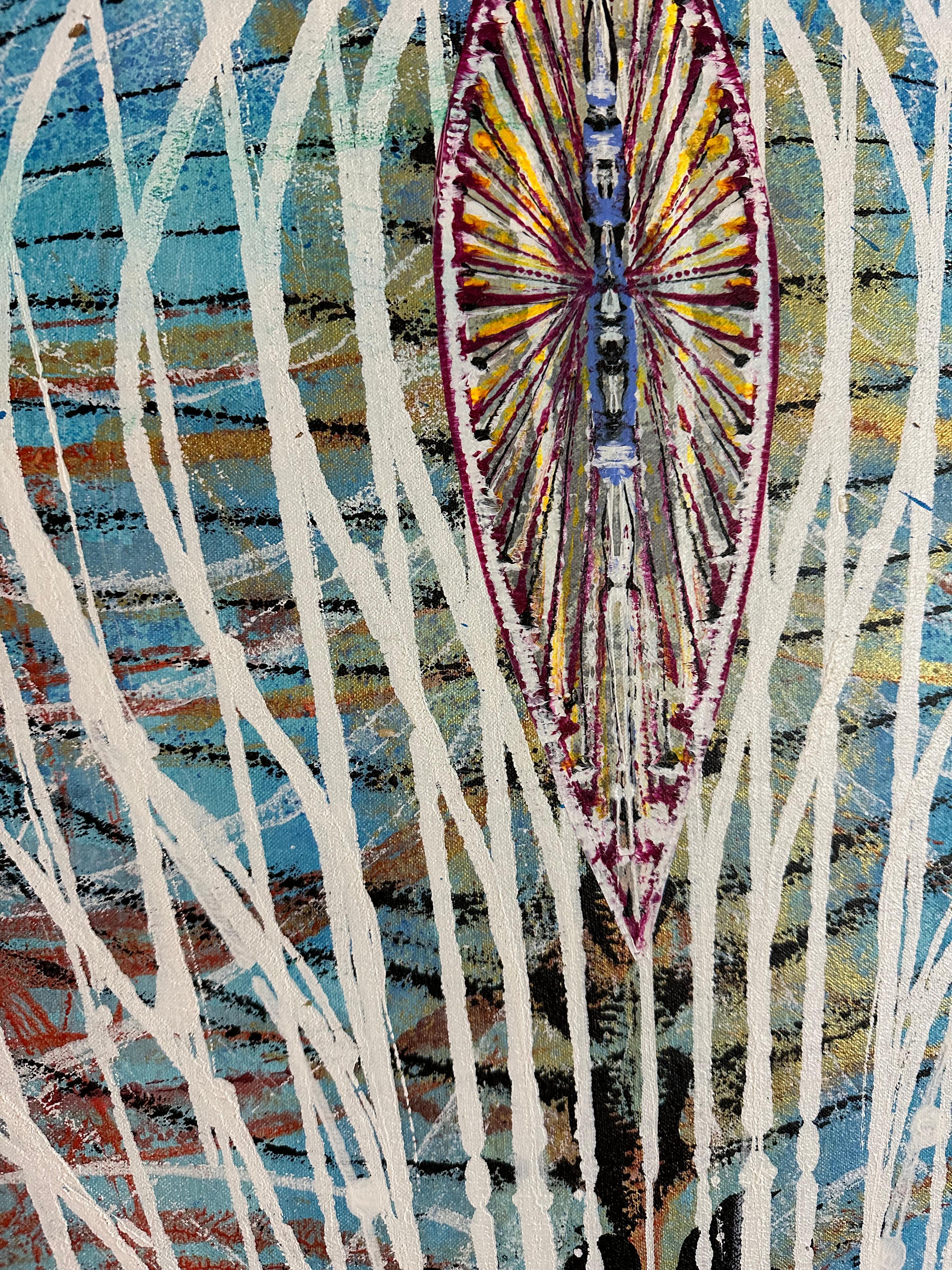 Watching - Abstract Acrylic Painting, Circles, Lines, Patterns on Blue, 2021 For Sale 2