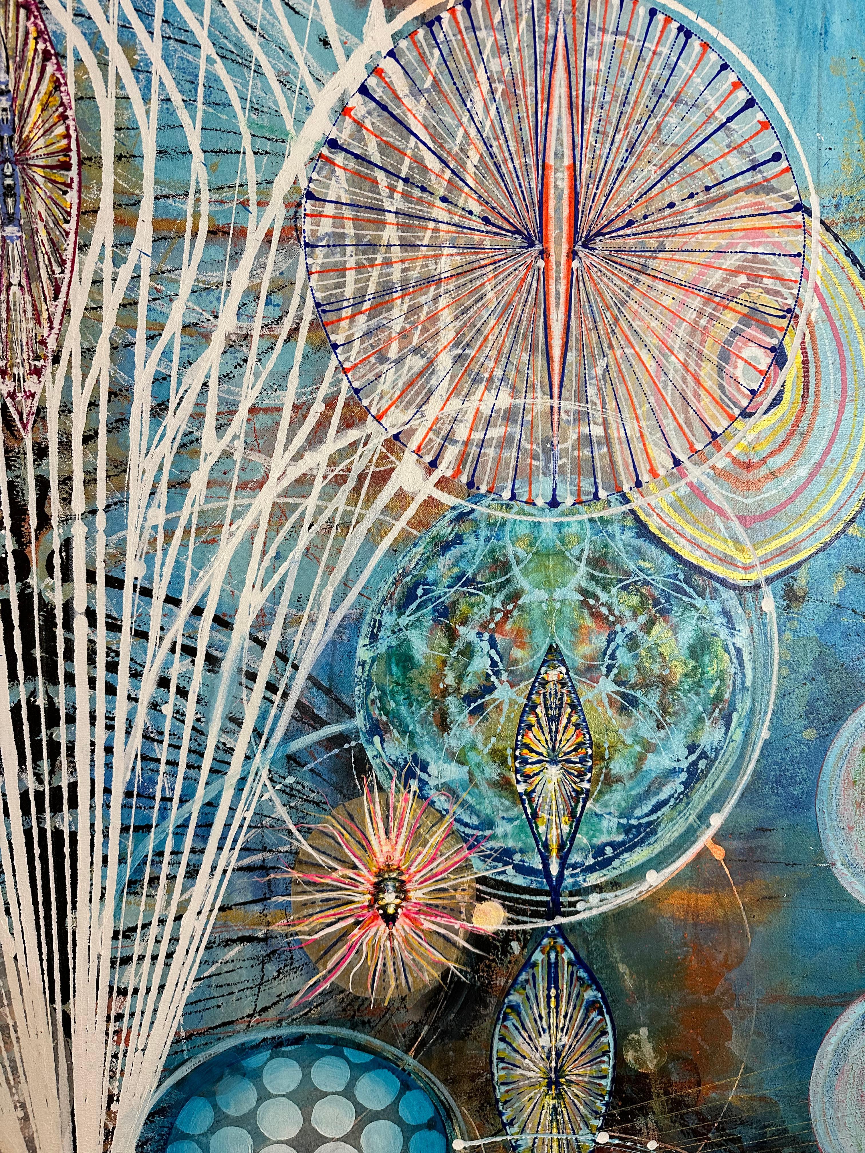 Watching - Abstract Acrylic Painting, Circles, Lines, Patterns on Blue, 2021 For Sale 3