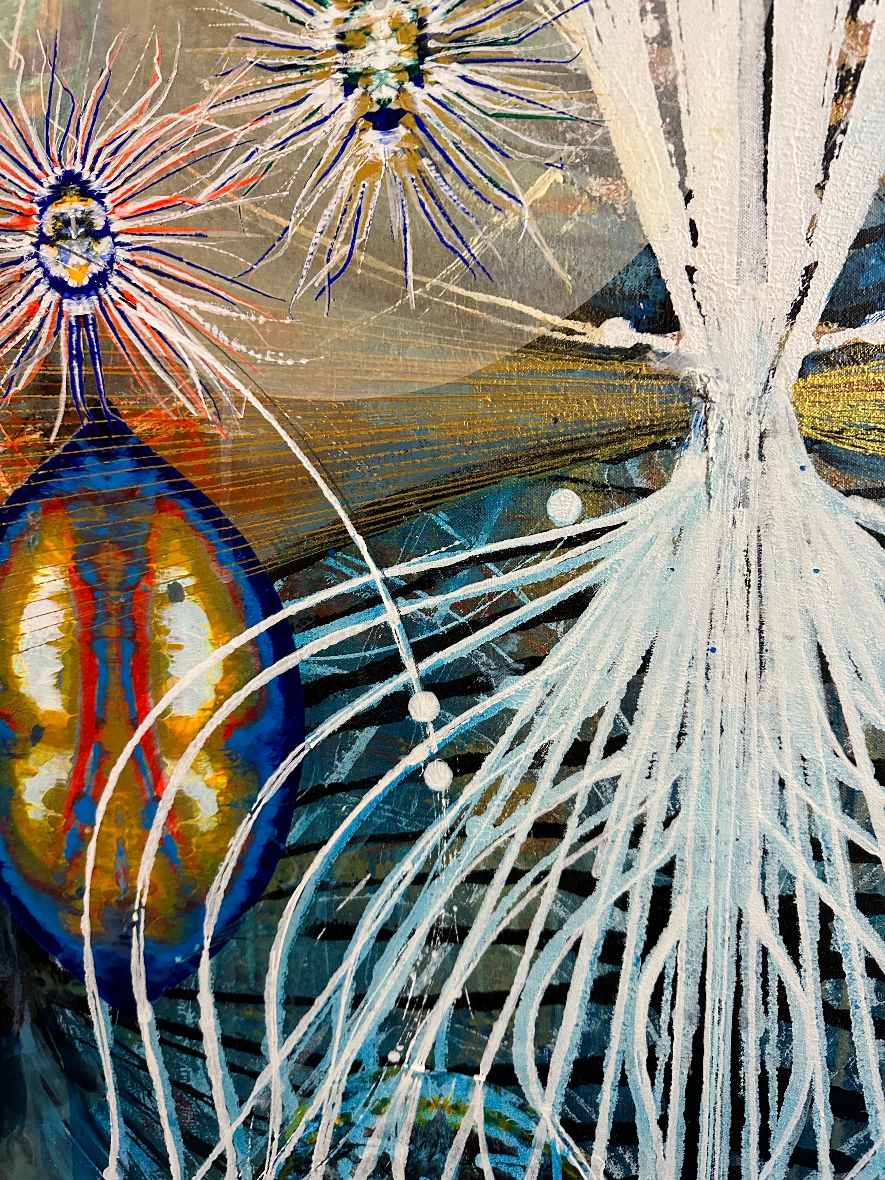 Watching - Abstract Acrylic Painting, Circles, Lines, Patterns on Blue, 2021 For Sale 4