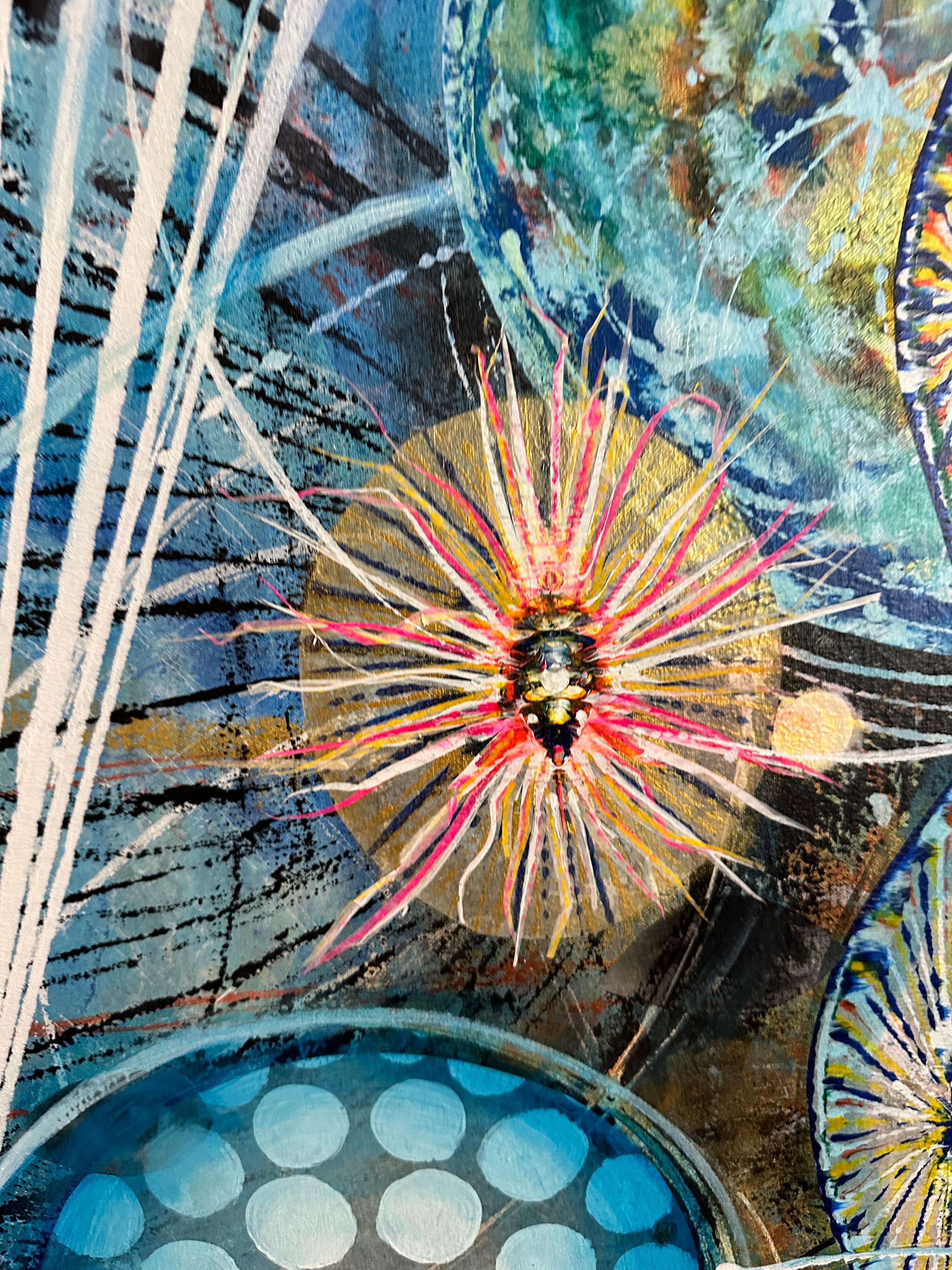 Watching - Abstract Acrylic Painting, Circles, Lines, Patterns on Blue, 2021 For Sale 5