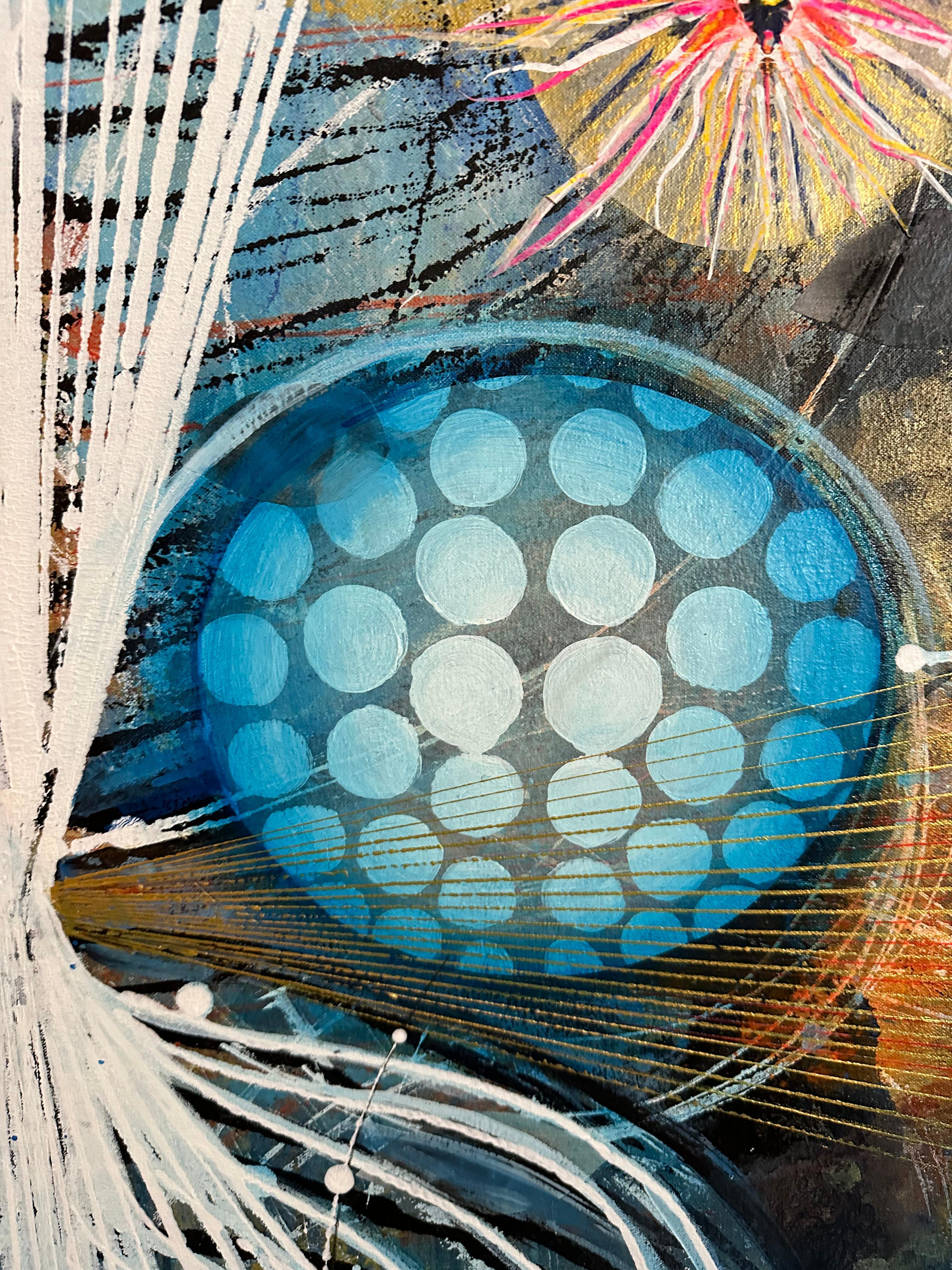 Watching - Abstract Acrylic Painting, Circles, Lines, Patterns on Blue, 2021 For Sale 6