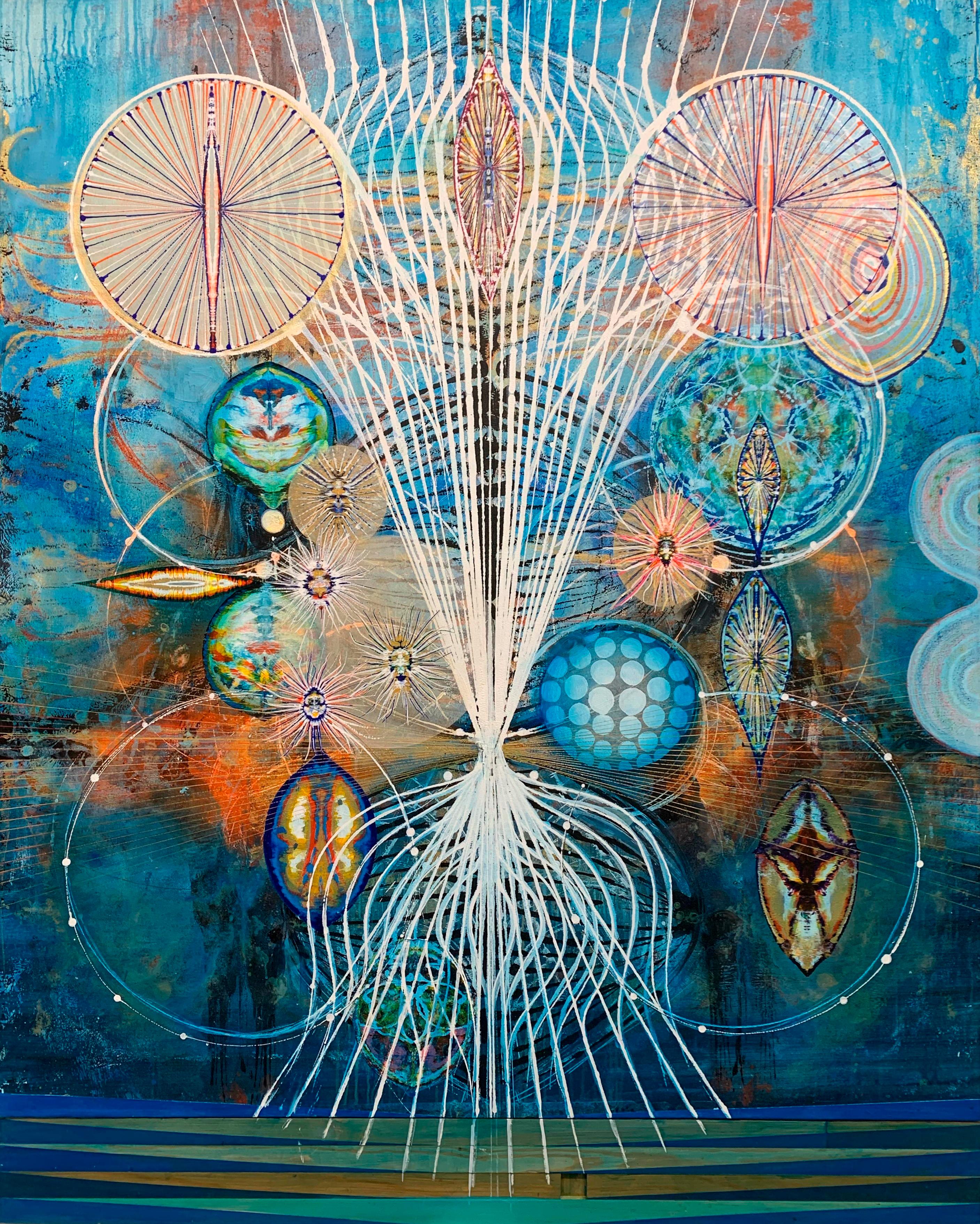 Susan Chrysler White Abstract Painting - Watching - Abstract Acrylic Painting, Circles, Lines, Patterns on Blue, 2021