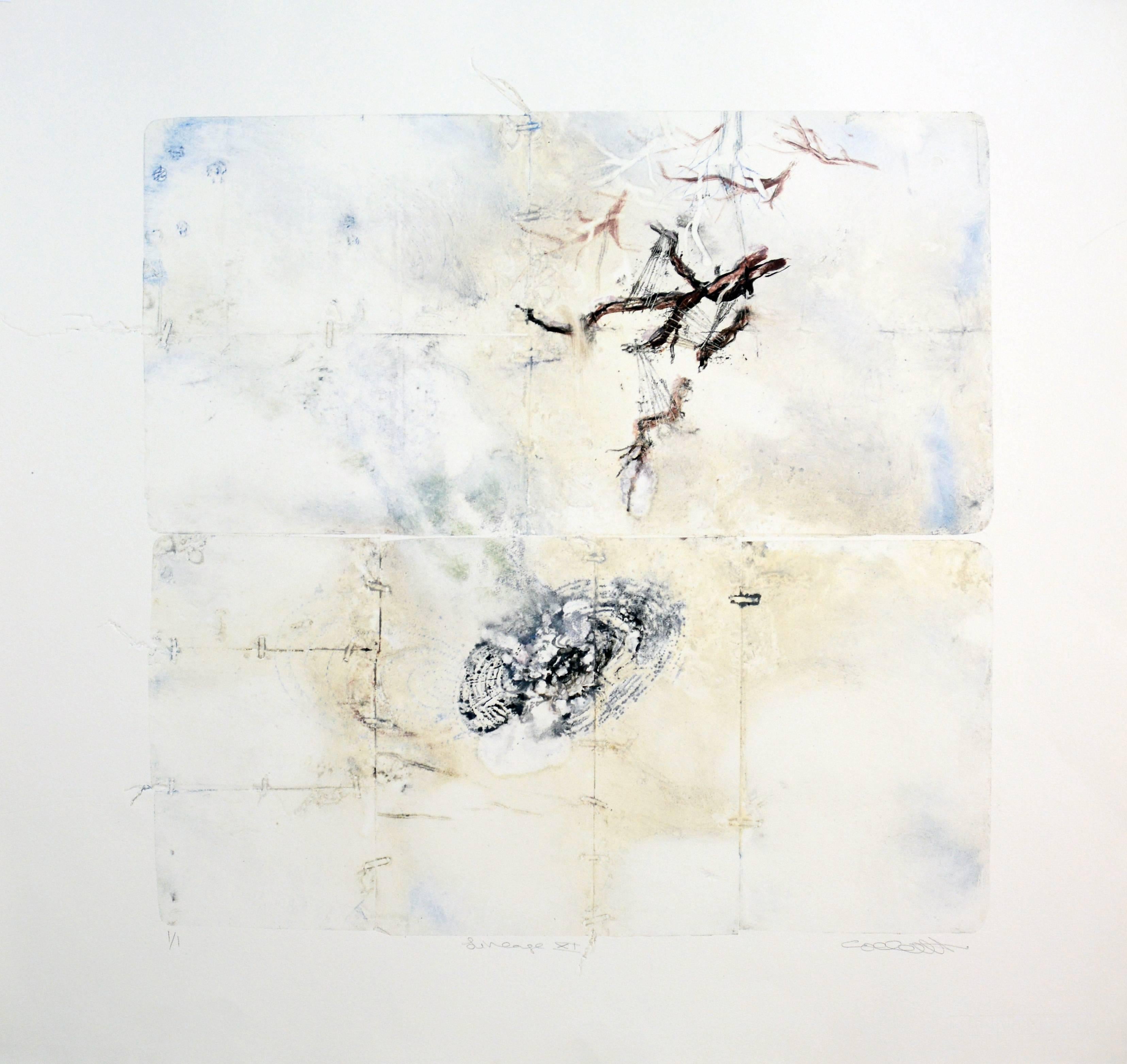 Lineage XIV - dramatic, embossed, oil ink, abstract, monoprint on archival paper - Gray Abstract Print by Susan Collett