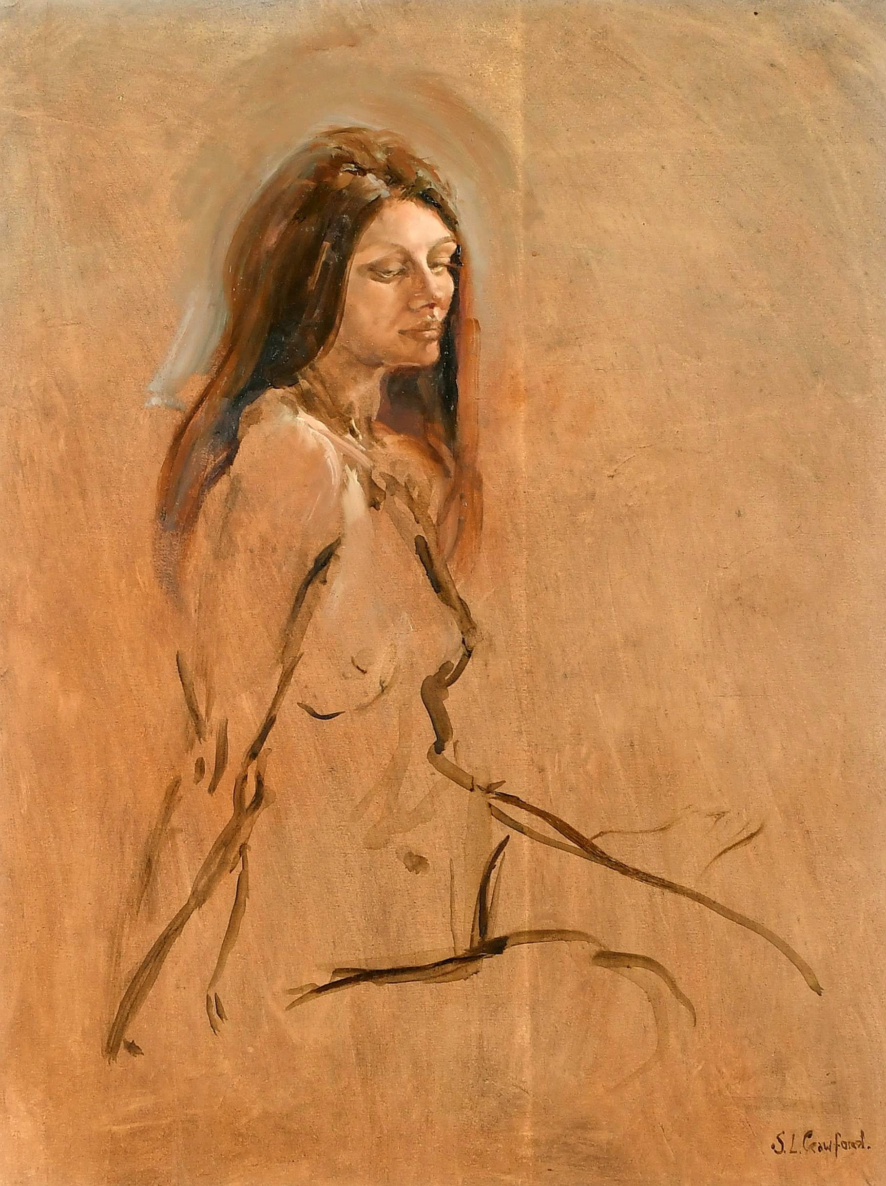 A beautiful c.1970 oil on panel nude portrait of a nude lady by Susan Crawford, an artist who has painted the Queen and many other Royals. Excellent quality and condition portrait of the lady with sketched body and highly detailed face. 

The work