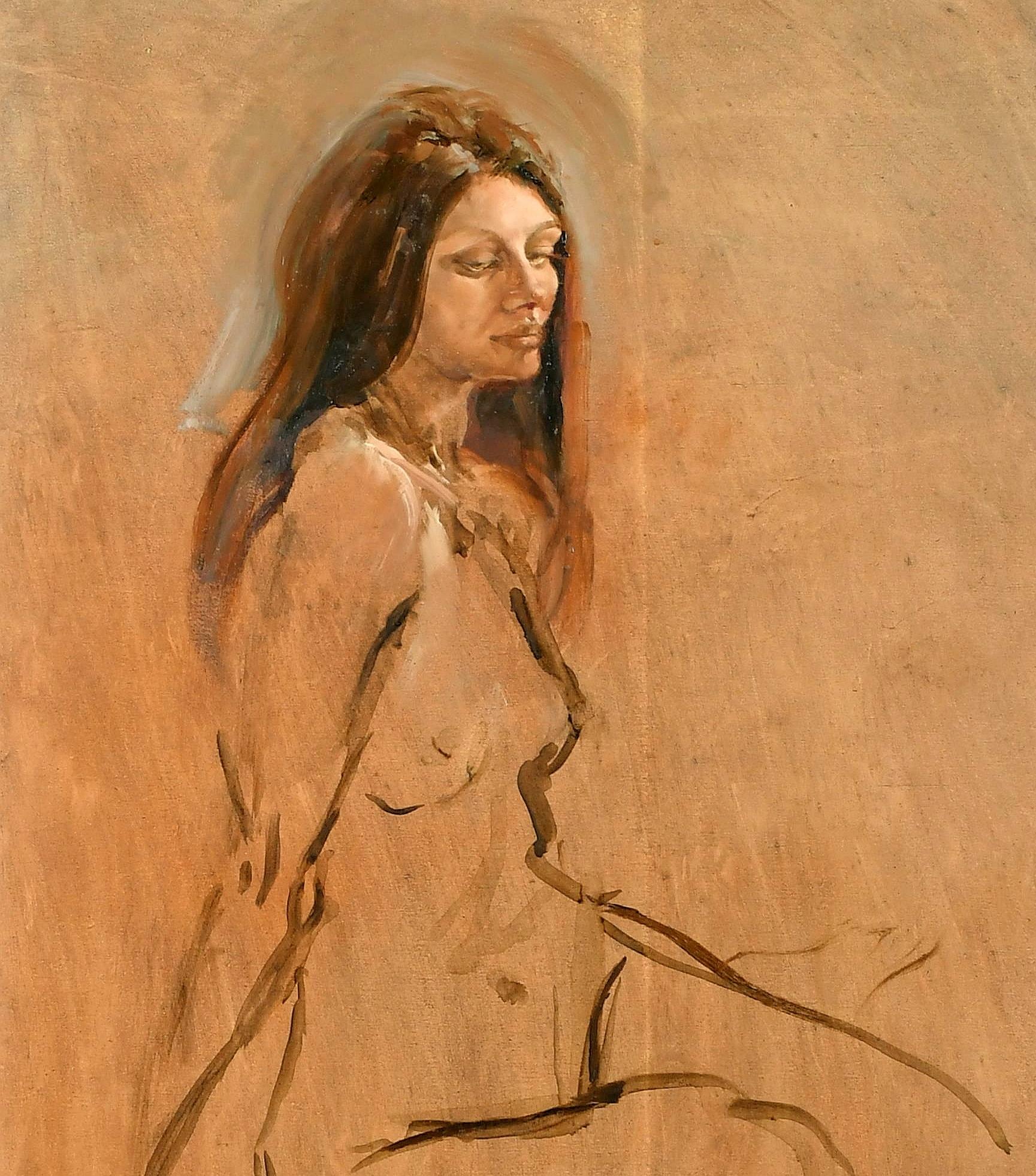 Ein wunderschönes Porträt einer nackten Dame in Öl auf einer Platte von Susan Crawford, einer Künstlerin, die die Königin und viele andere Royals gemalt hat, um 1970. Ausgezeichnete Qualität und Zustand Porträt der Dame mit skizzierten Körper und