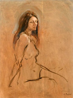 Nude Sitting - Mid 20th Century Modern British Portrait of a Lady Oil Painting
