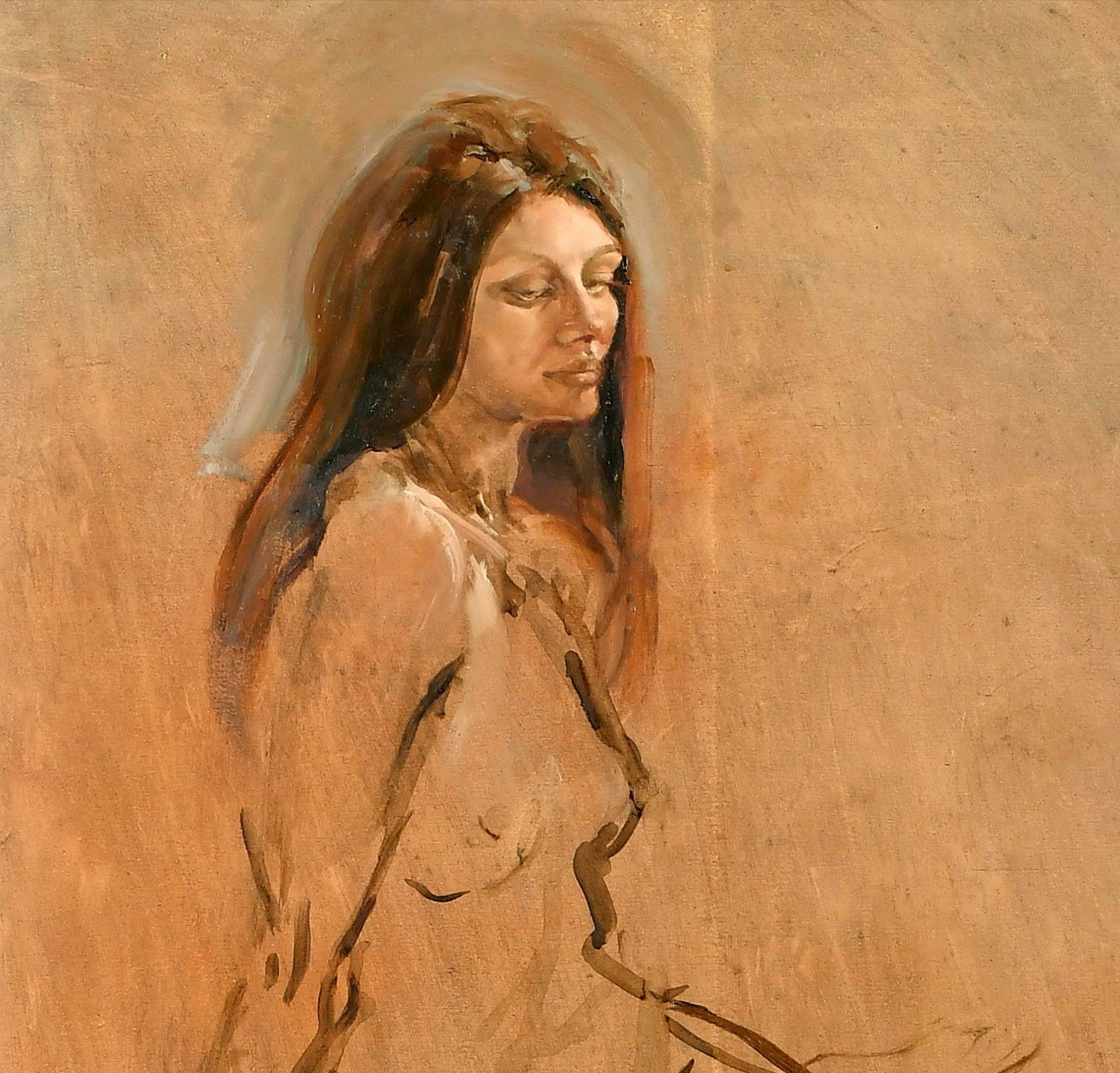 Nudo seduto - Ritratto di signora della metà del XX secolo Modern British Oil Painting in vendita 1