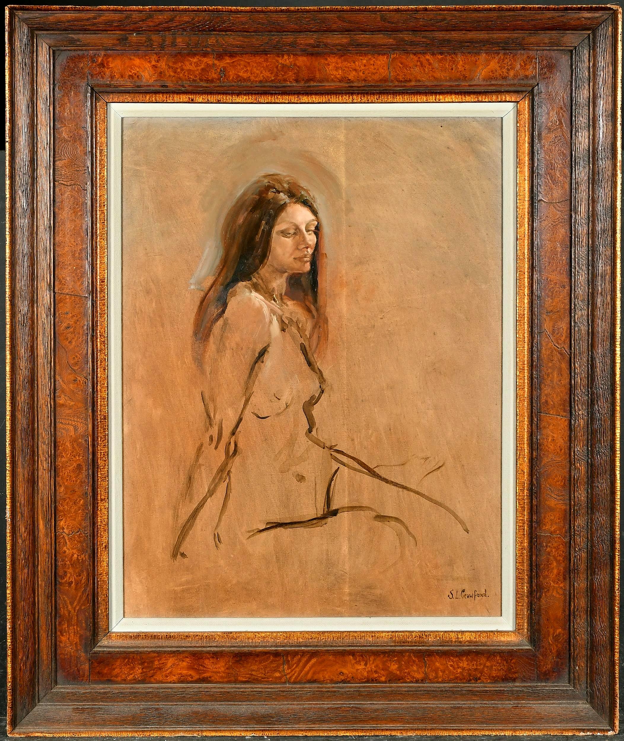 Nude Painting di Susan Crawford - Nudo seduto - Ritratto di signora della metà del XX secolo Modern British Oil Painting