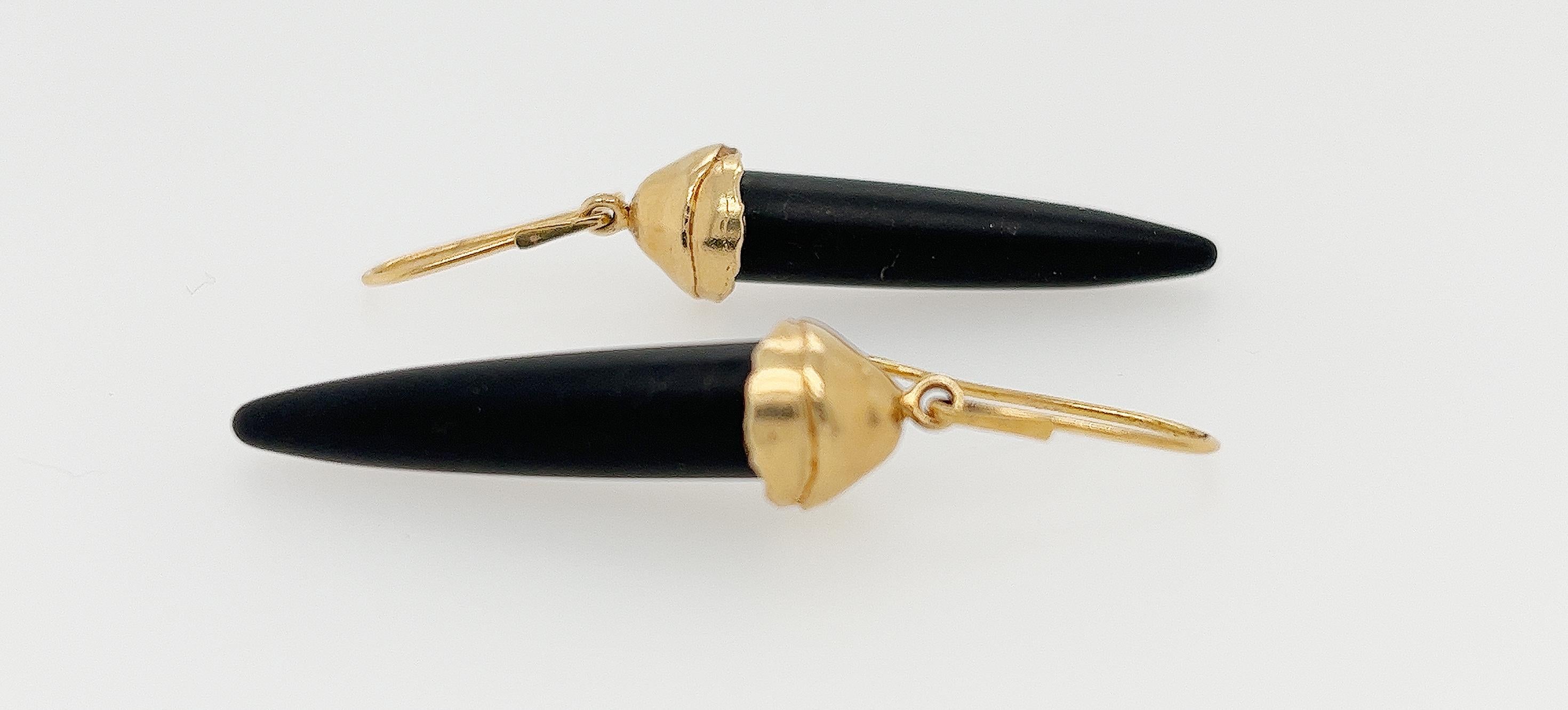 Contemporary Susan Crow Studio Bullet Cut Black Jet and Gold Drop Earrings For Sale
