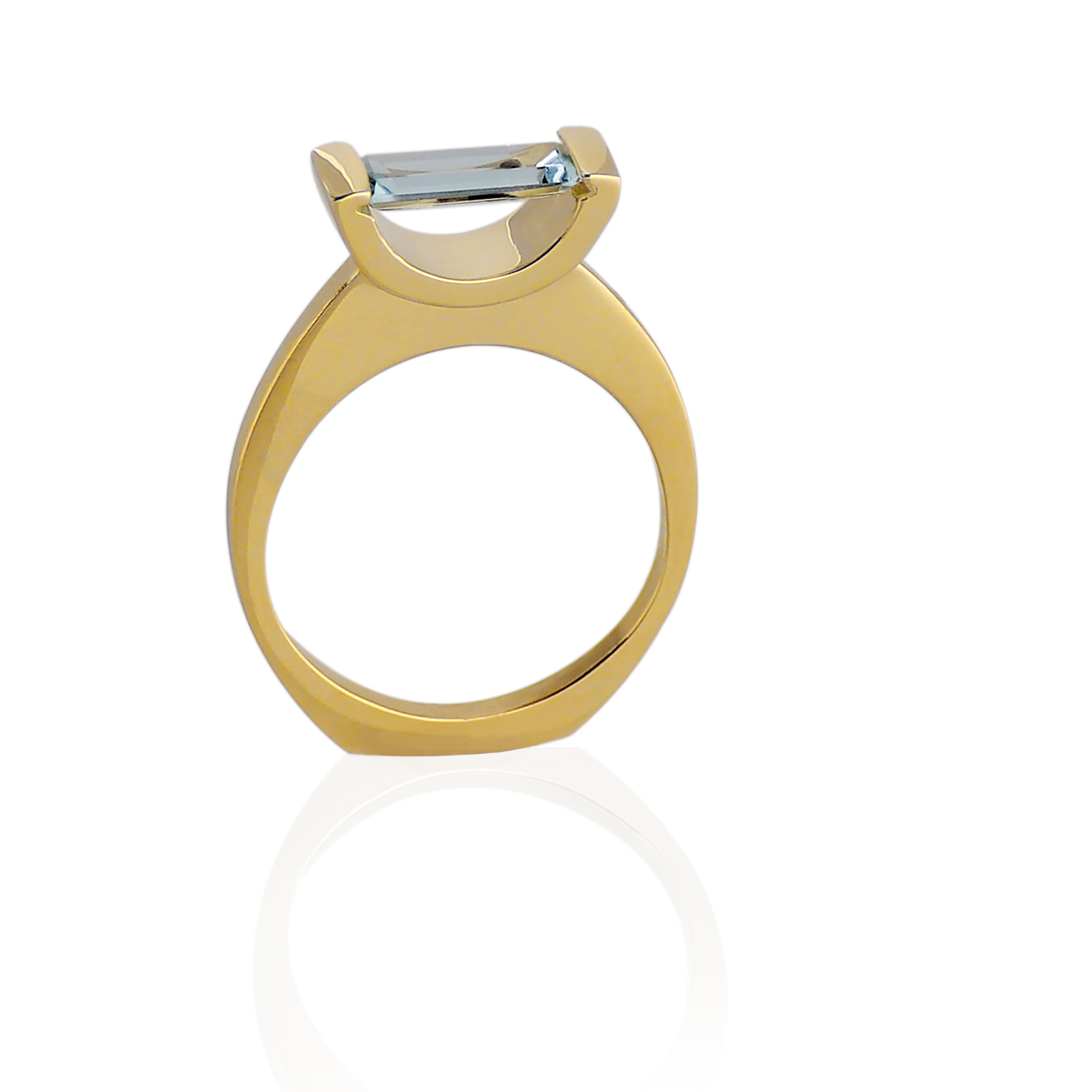 Baguette Cut Susan Crow Studio Fairmined Gold and Aquamarine Sliver of Water Ring For Sale