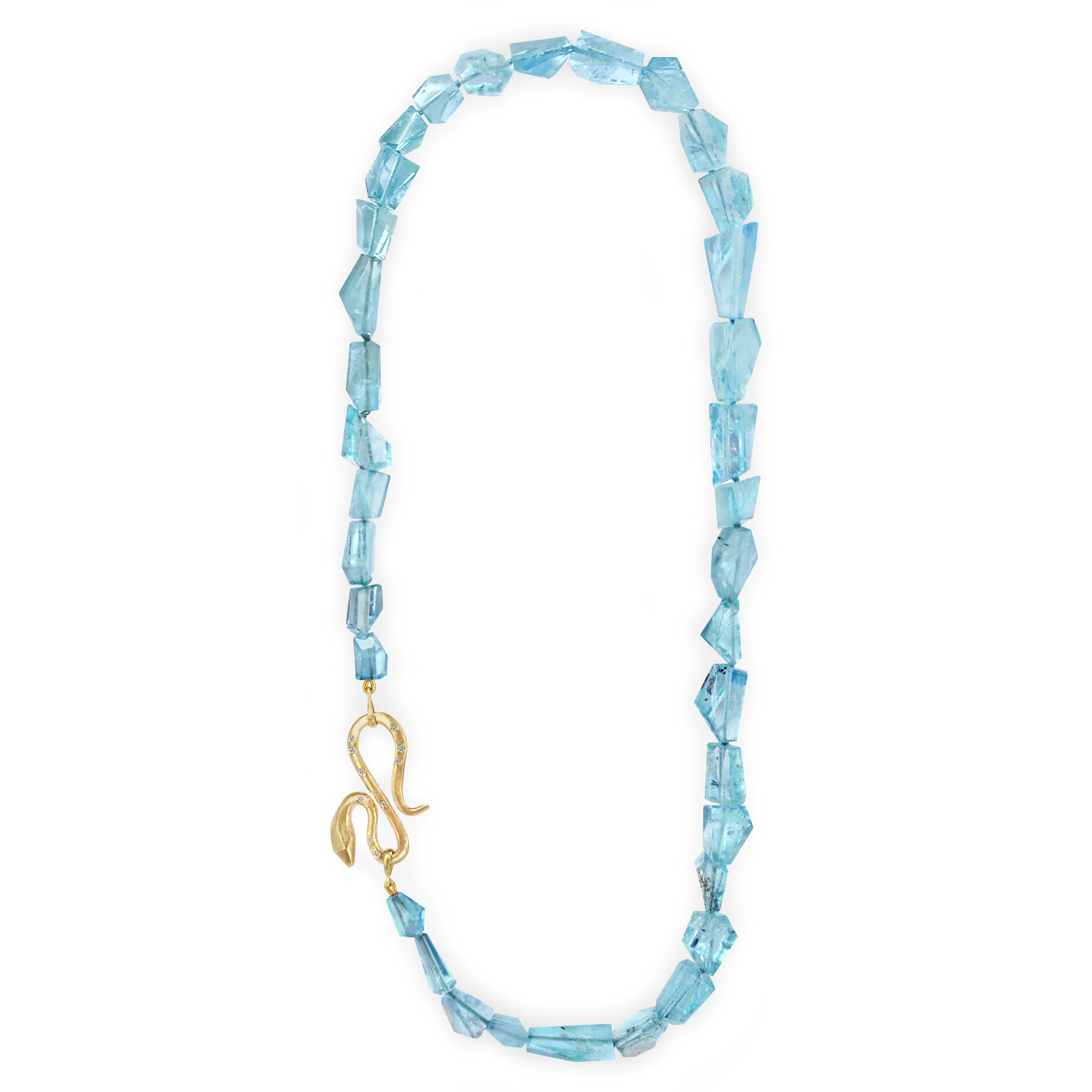 Our one-of-a-kind award winning Amphitrite Snake Necklace is named after the Ocean Goddess Amphitrite, who in Greek legends was forced into marriage with Poseidon. Our 18kt FAIRMINED yellow gold, Aquamarine and Diamond necklace received the 2019