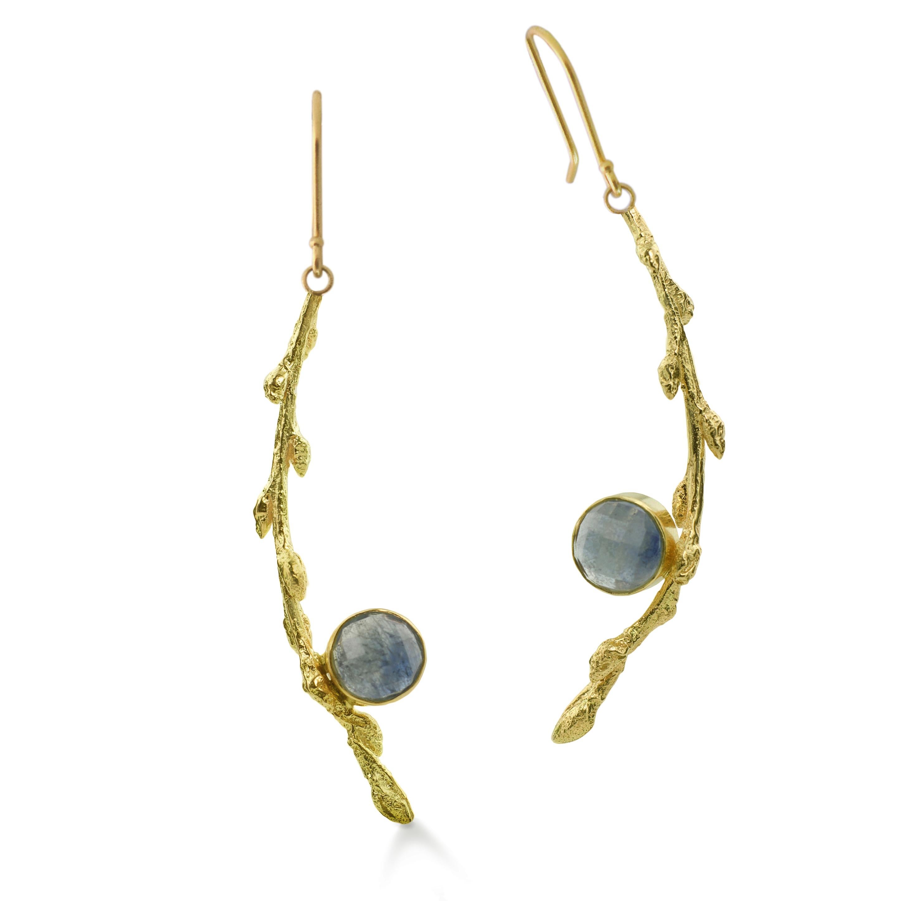 Susan Crow Studio Rose-Cut Sapphires and 18kt Yellow Gold Branch Earrings create sweeping movement that complements your individual look.   The milky-blue rose cut 6.5mm round responsibly sourced sapphires are bezel set. Their milky-blue color looks