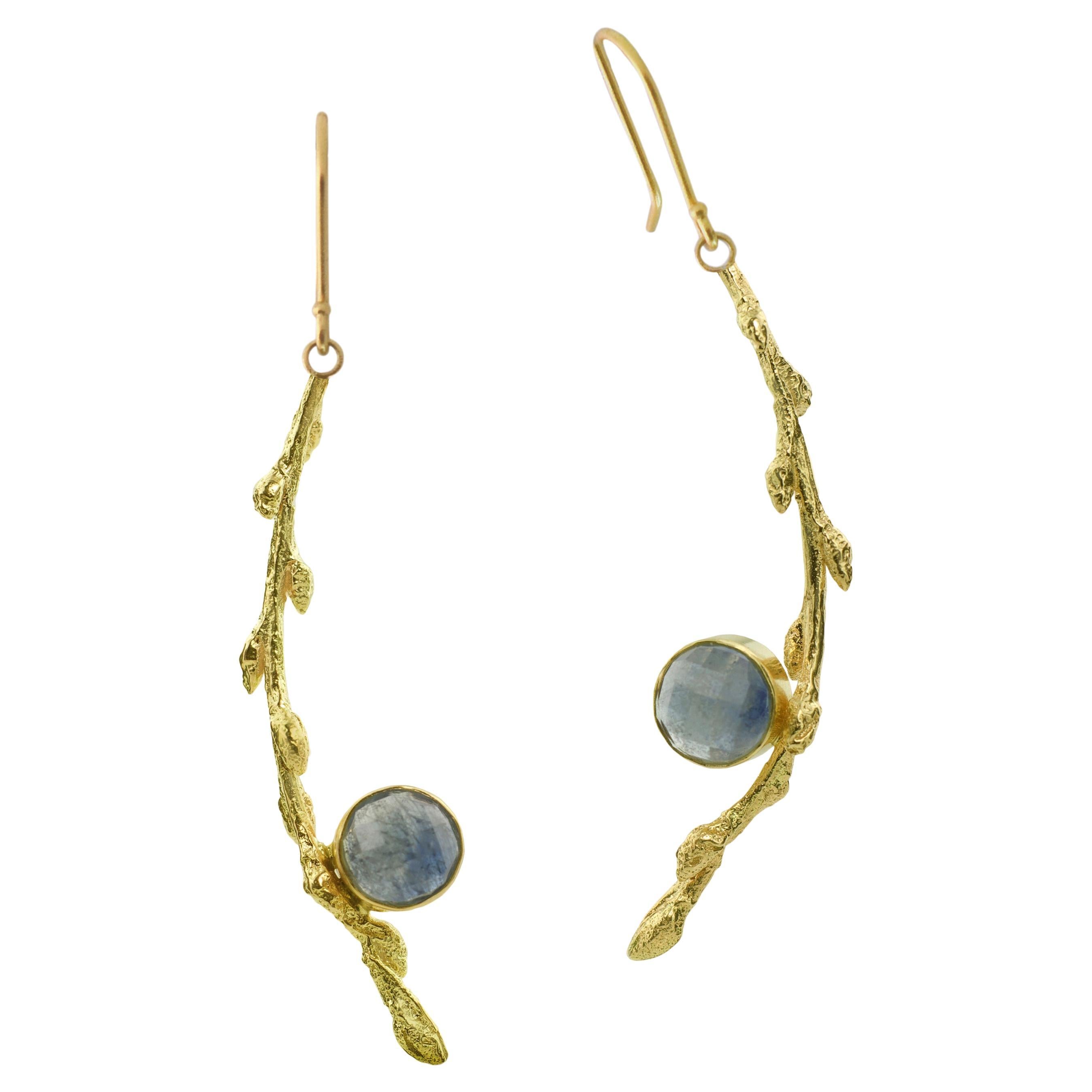 Susan Crow Studio Rose Cut Sapphires and Yellow Gold Branch Earrings For Sale
