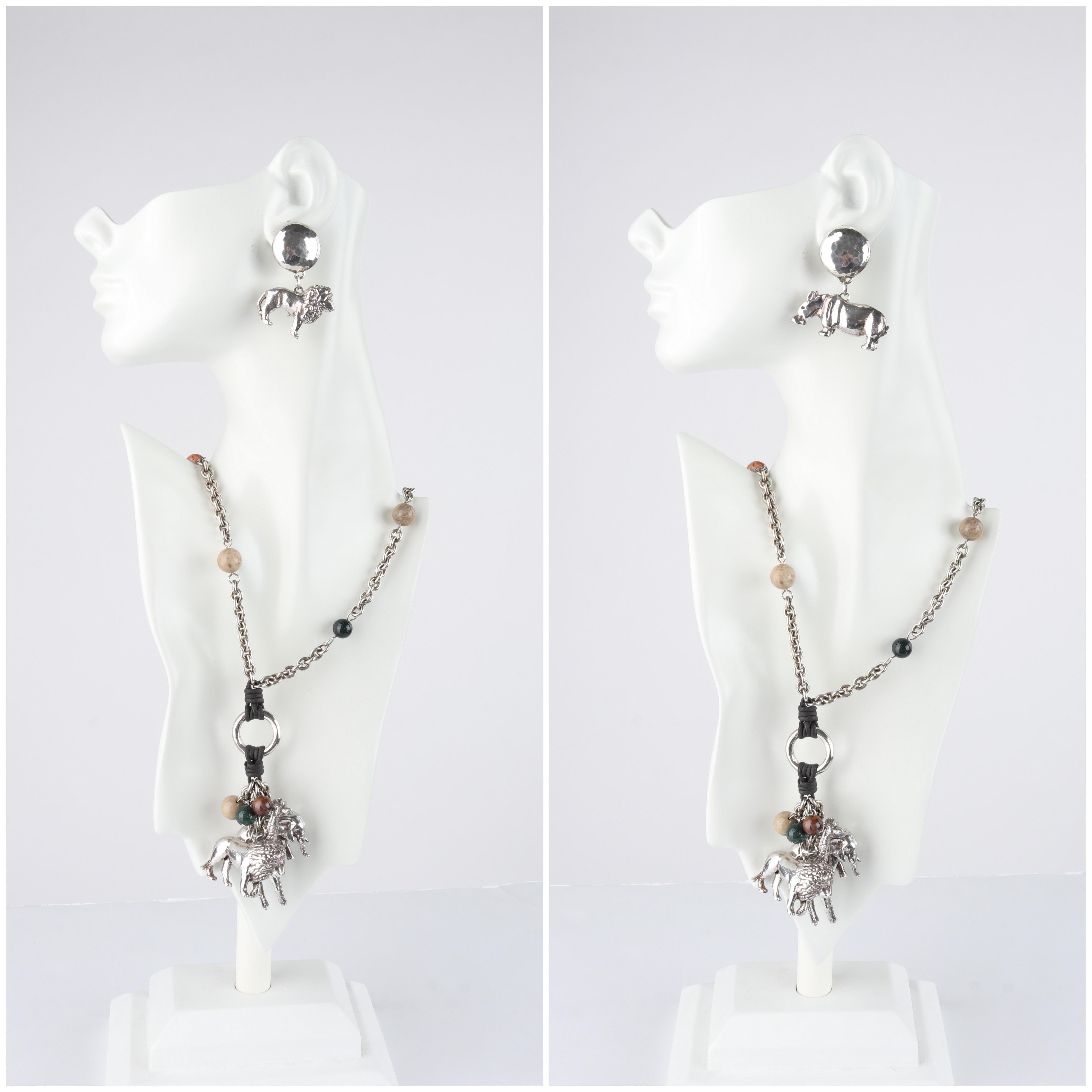 SUSAN CUMMINGS c.1990's Vtg Sterling Silver Beaded Animal Necklace Earrings Set For Sale 1