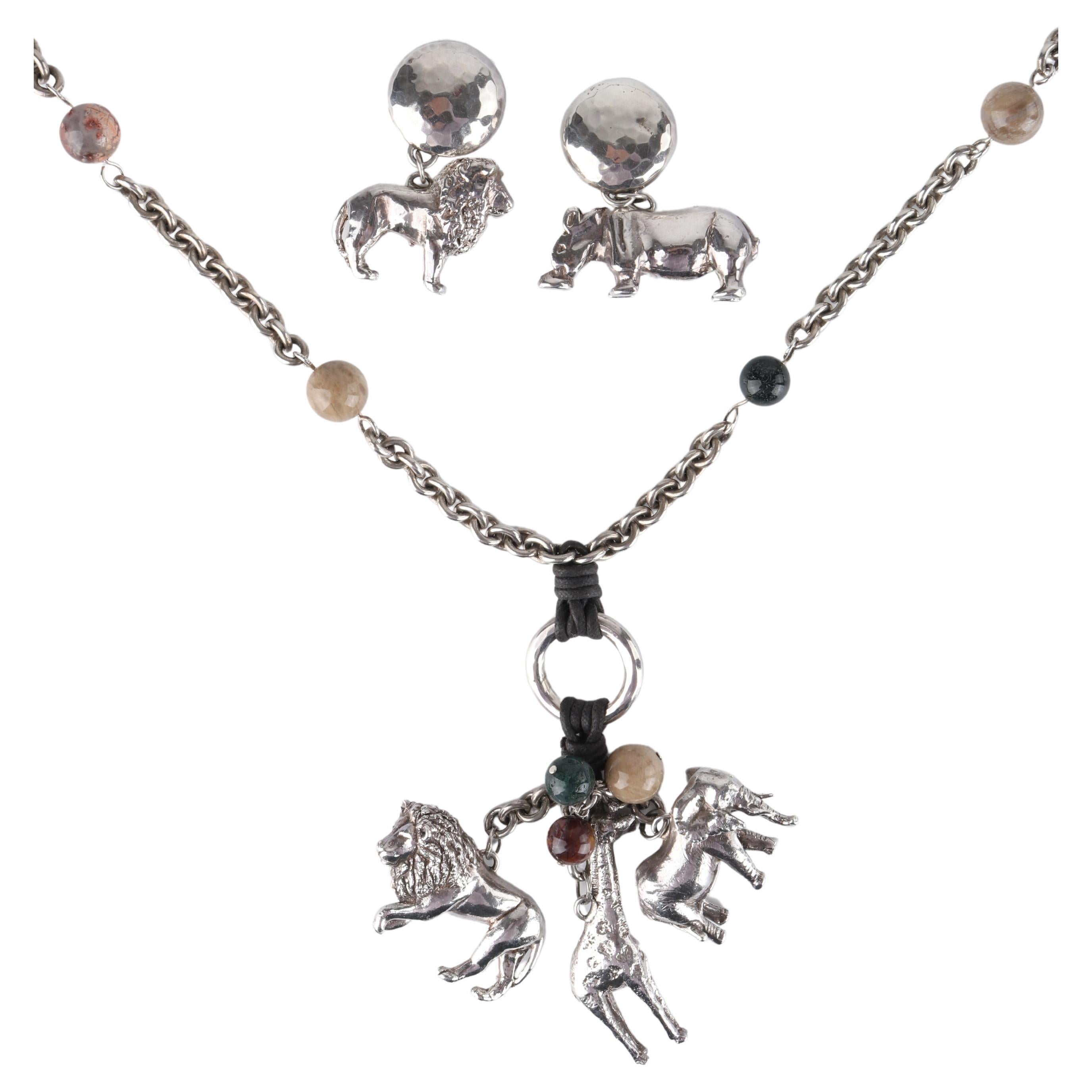 SUSAN CUMMINGS c.1990's Vtg Sterling Silver Beaded Animal Necklace Earrings Set For Sale