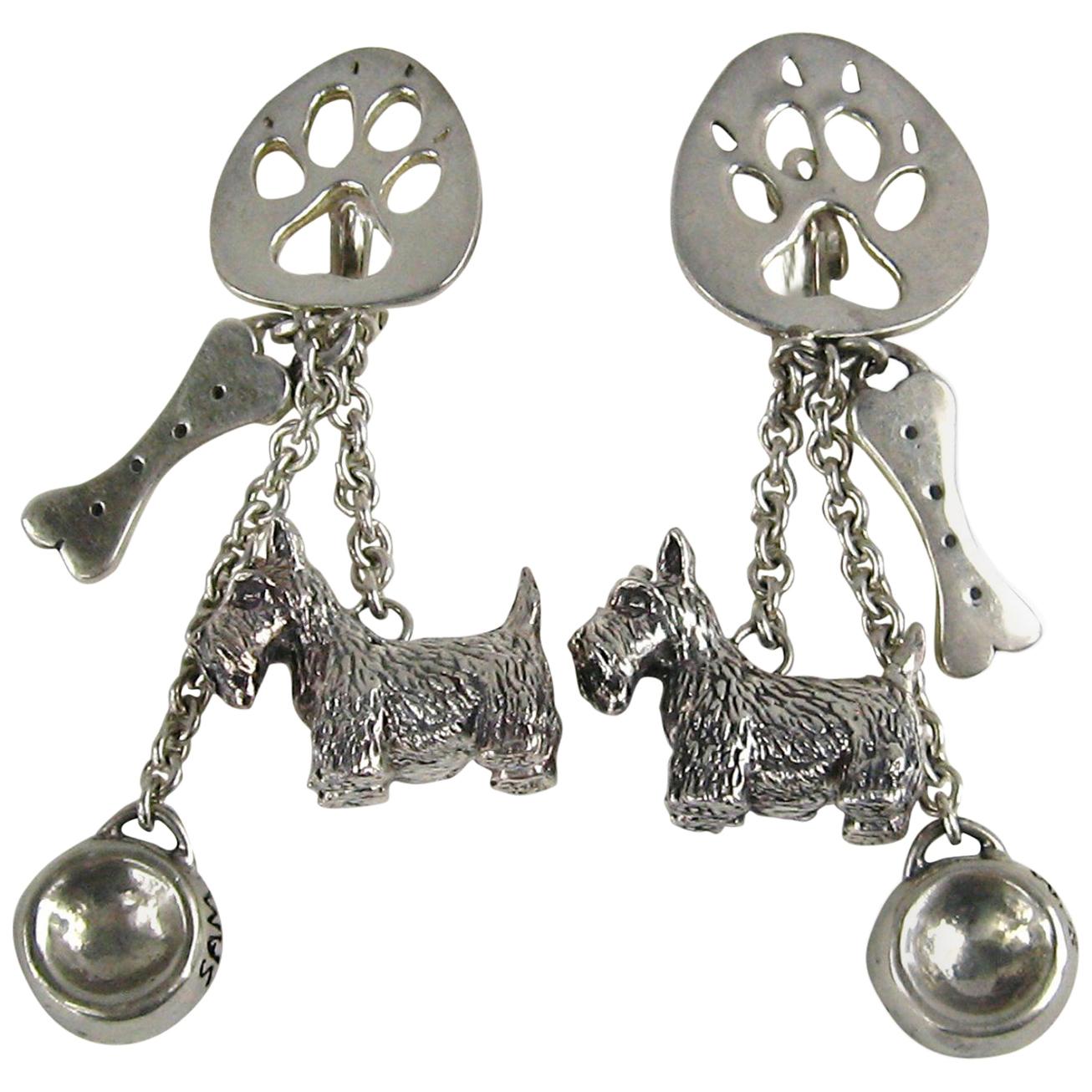 Susan Cummings Sterling Silver Dog Bone Dish Dangle earrings New, Never WORN  For Sale