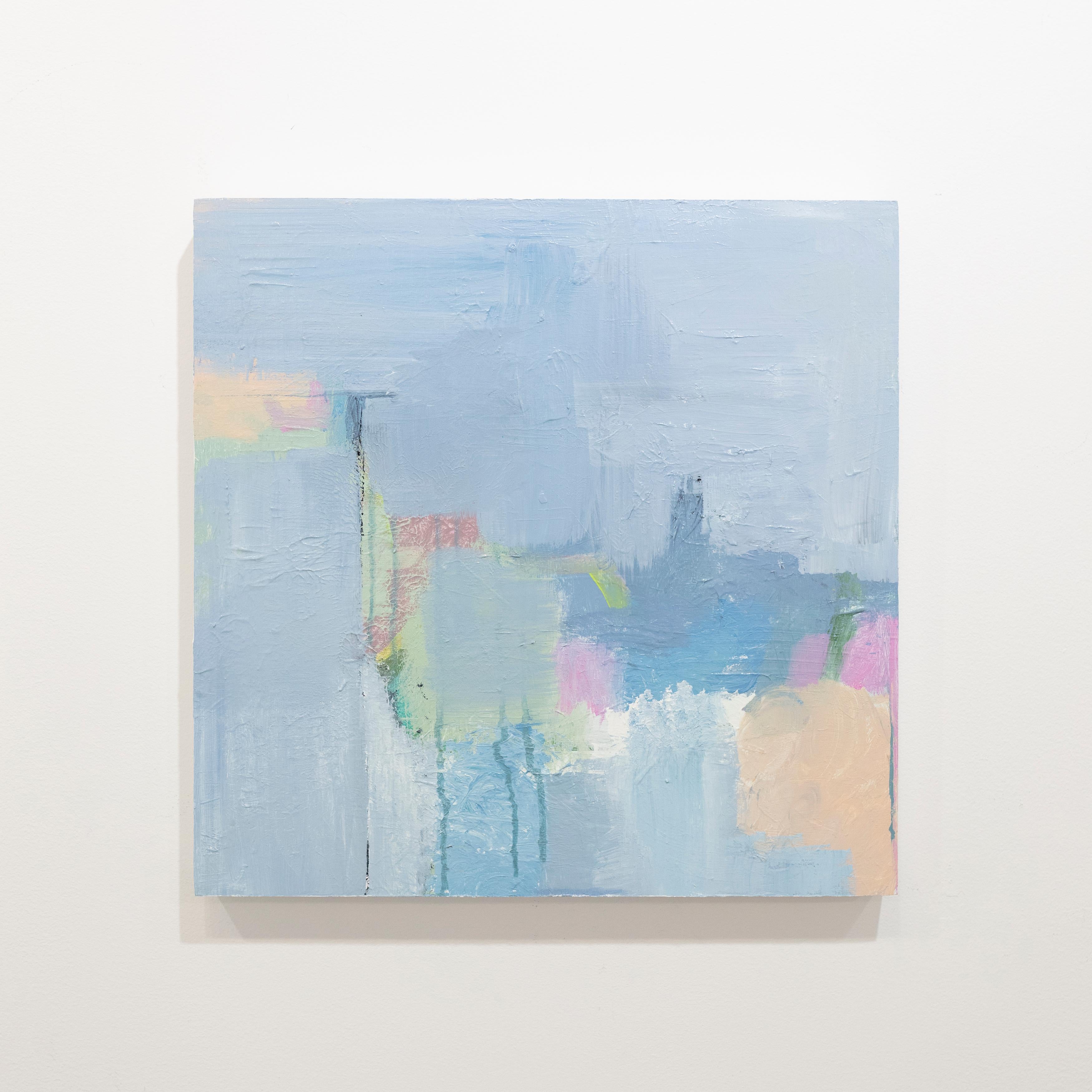This abstract painting by Sue De Chiara is made with acrylic paint on panel. It features a light blue palette, with pastel pink, orange, and green accents and a layered, minimalist composition. The painting measures 18" x 18" and has clean, white