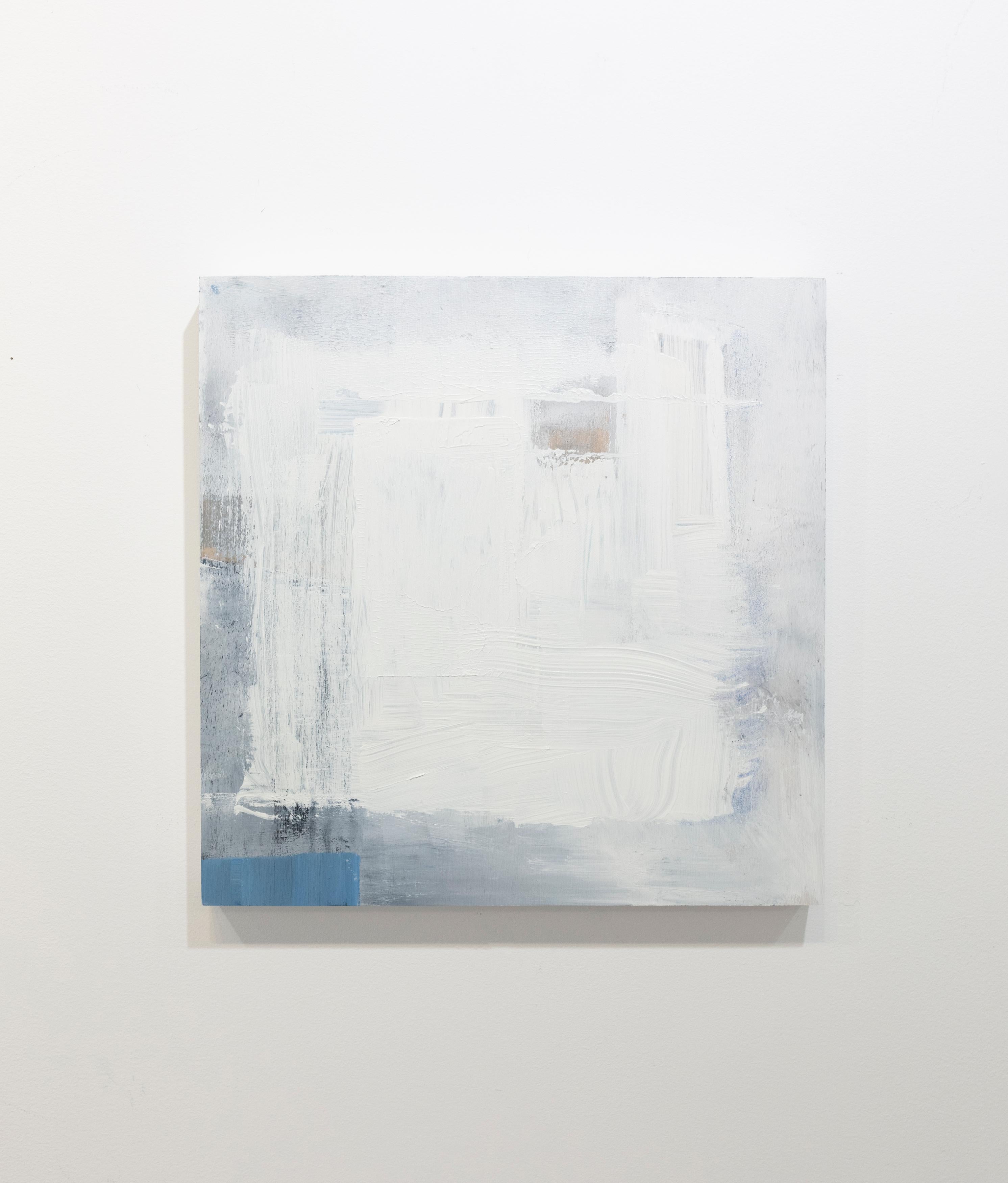 This abstract painting by Sue De Chiara is made with acrylic paint on panel. It features a light blue and white palette and a layered, minimalist composition. The painting has clean, white painted sides and is signed by the artist on the back of the