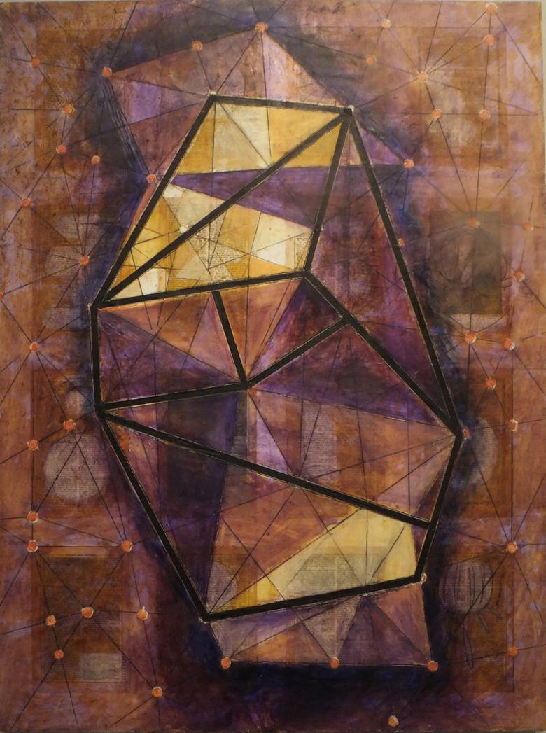 Susan E. Squires Abstract Painting - BOOK OF KNOWLEDGE (Purple & Yellow - Abstract,  Geometric, Encaustic) 2016