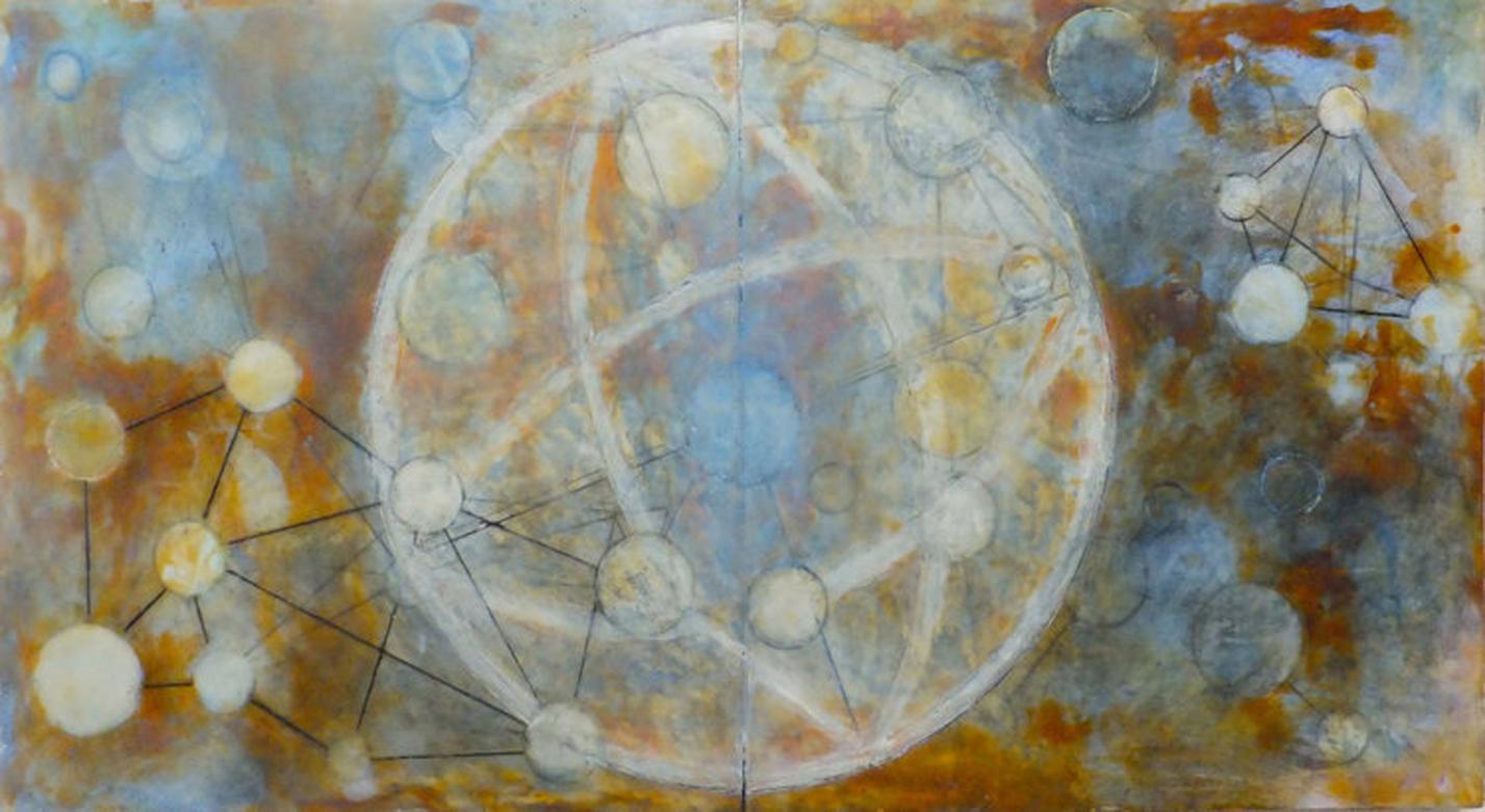 Abstract Painting Susan E. Squires - INTERNAL GALAXY bleu, orange et blanc - géométrique abstrait - huile et encaustique 2016