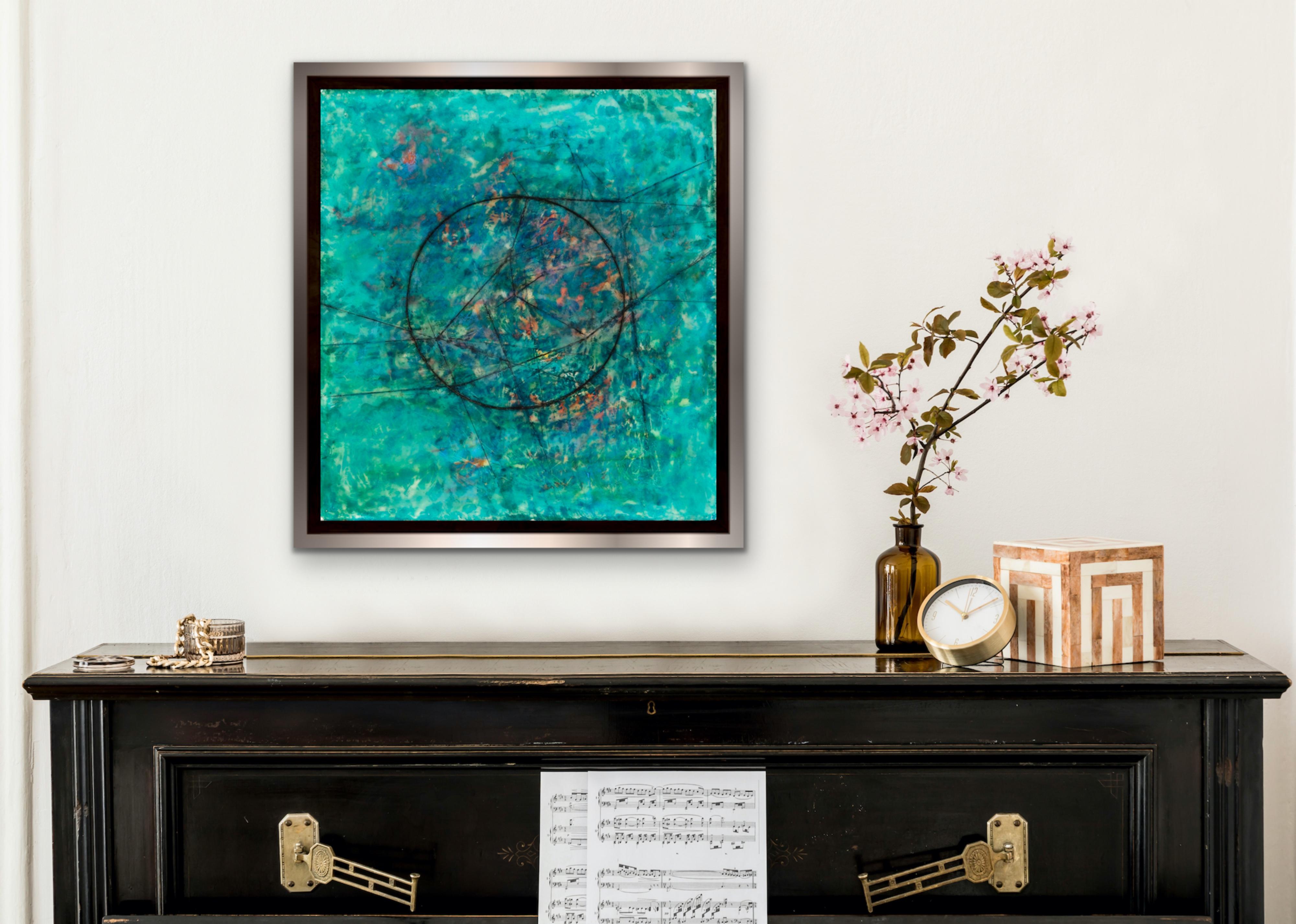 L'ACQUA / THE SEA at CINQUE TERRA  (Blue Green Yellow Orange Abstract Encaustic) For Sale 1