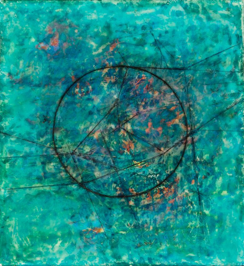 L'ACQUA / LA mer à CINQUE TERRA  L'encaustique abstraite bleu, vert, jaune et orange - Painting de Susan E. Squires
