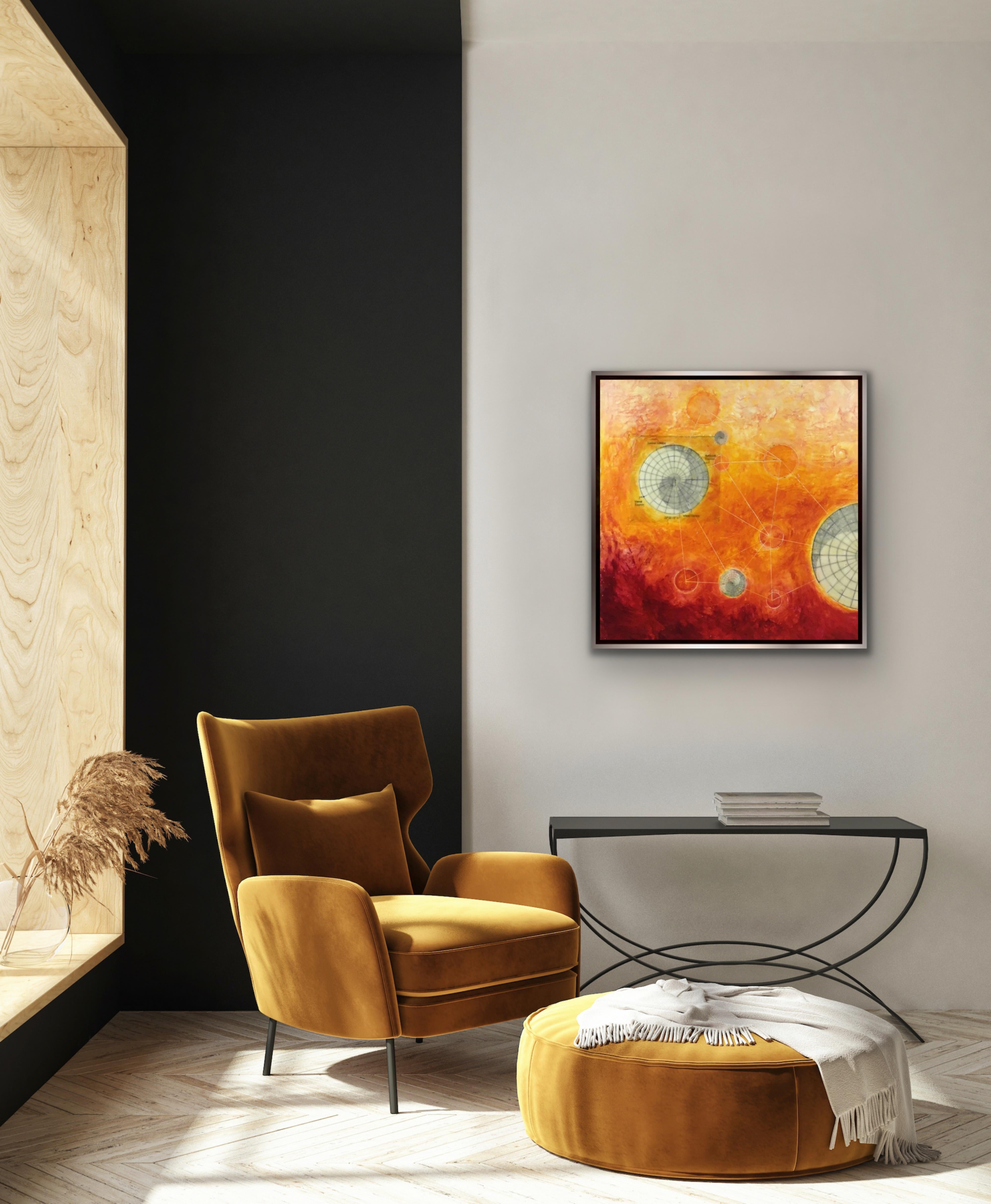 SOLSTICE 2019 (peinture abstraite, géométrique et à l'encaustique sur carton rouge et orange) - Painting de Susan E. Squires