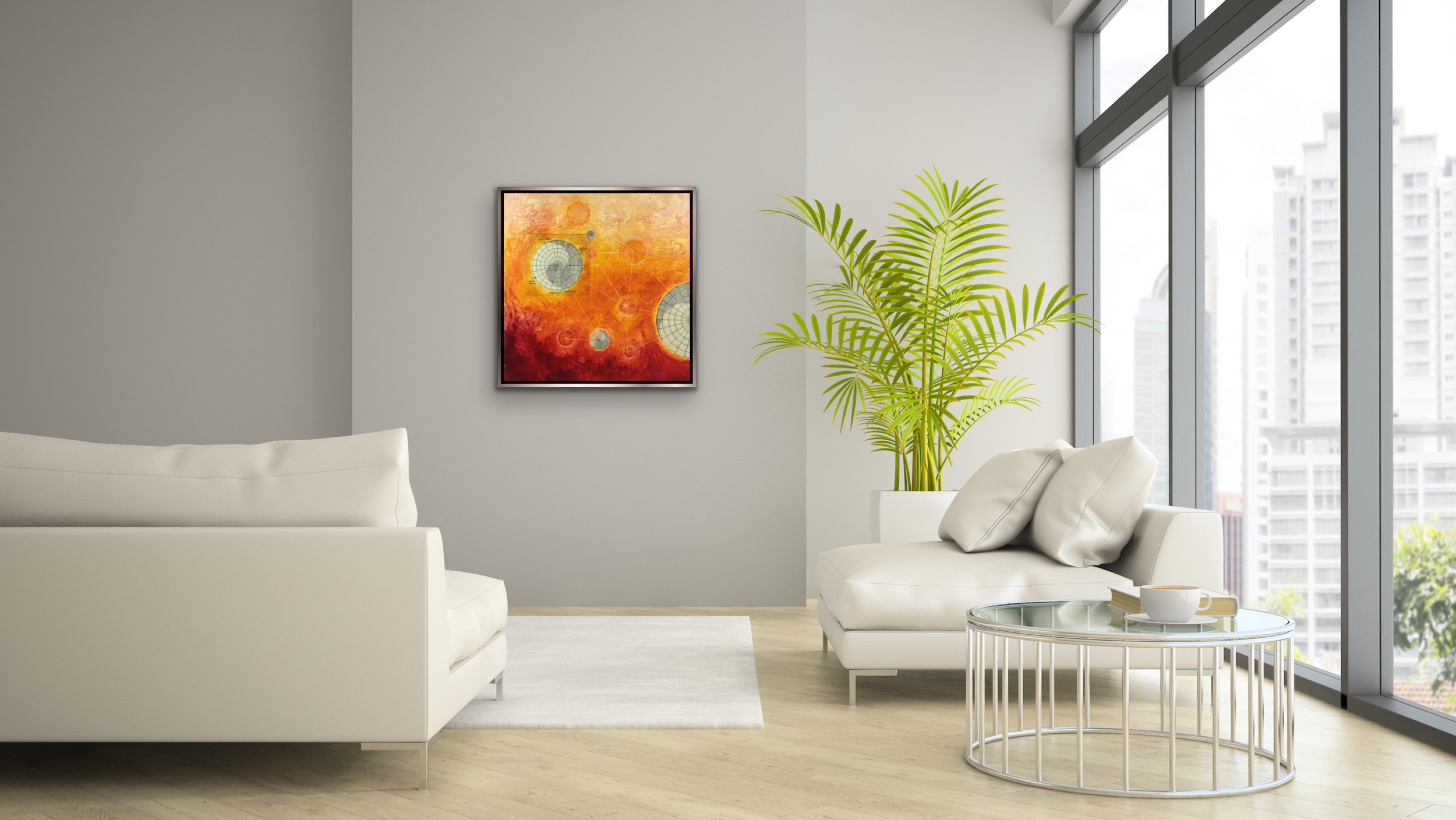 SOLSTICE 2019 (peinture abstraite, géométrique et à l'encaustique sur carton rouge et orange) - Abstrait Painting par Susan E. Squires